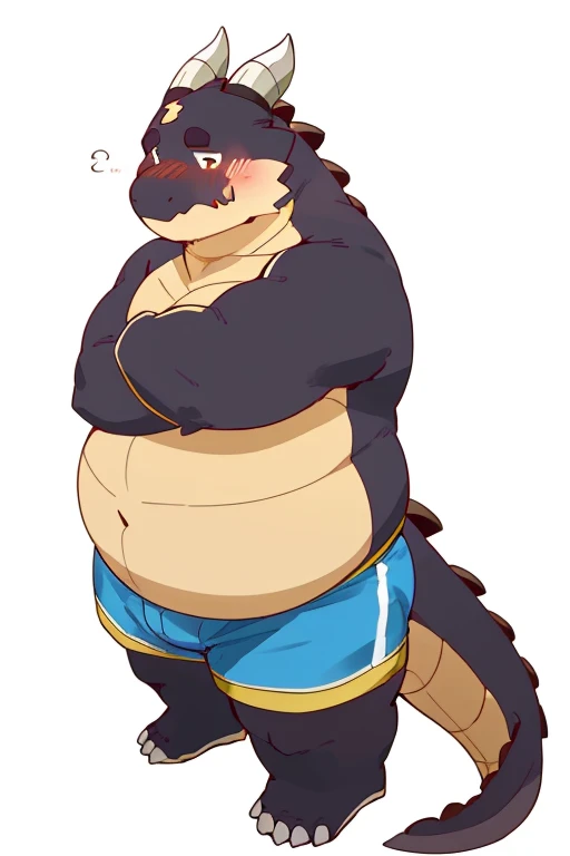 NJ5furry, A chubby, muscular, furry orca-like creature lying on the grass on its stomach, viewed from below, wearing only shorts, with a smirking expression, detailed eyes, black eyebrows, and blue sky eyes, surrounded by sunlight, with hints of sweat and a faint odor of feet ,by zixiong, Takemoto Arashi