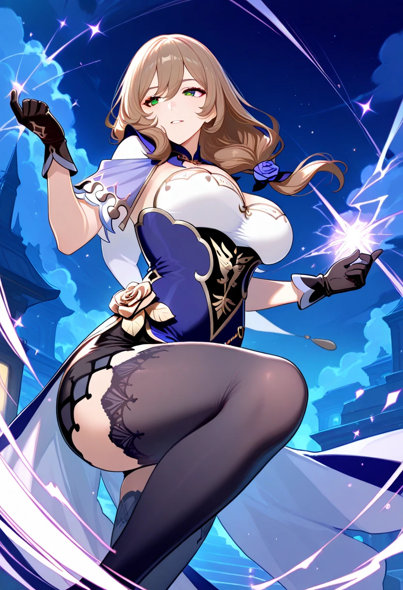 a girl using blue magic,lisa genshin impact,(jk huge tits),milf,mature female,curvy body,good detail,one eye closed,giga size,taller then a mountain,looming over a city,destruction,magic,mystical,beautiful,seductive smile,temptation,shining eyes,shadow over city
