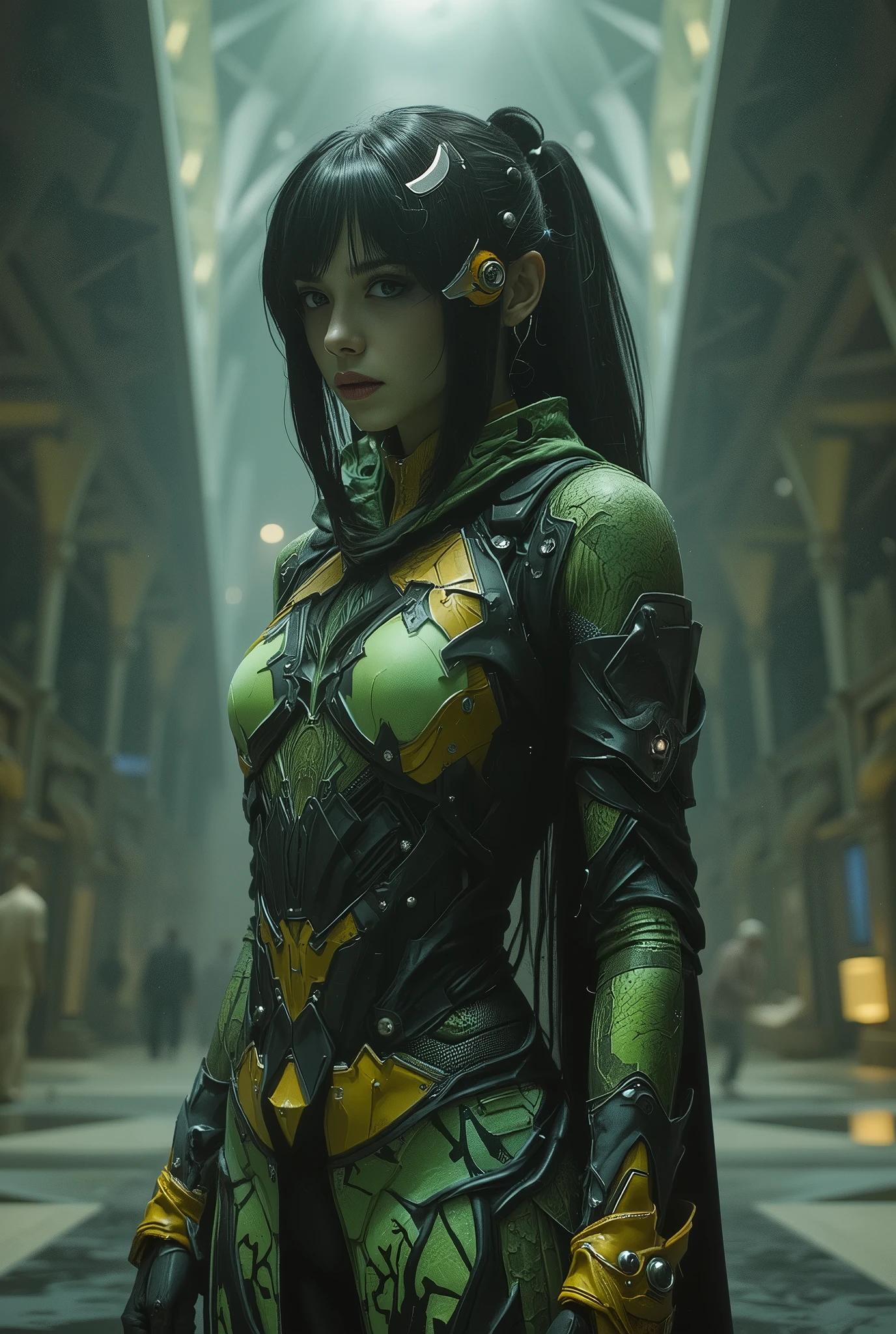 A stunning tall woman is posing like a fashion model, (She is an anti-hero wearing intricated desighned vivid green and light yellow and dark gray uniform:1.7), neon colored mechanical biomorphism, horror art, intricate details, maximalist perfect illustration, digital painting art, quantum world, place of fear, surreal,dark, ominous,nightmarish, twisted, unsettling, unnerving, otherworldly, abstract, geometric, futuristic, cyberpunk, chiaroscuro, dramatic lighting, moody atmosphere, rich colors, deep shadows, glowing elements, unsettling anomalies(best quality,4k,8k,highres,masterpiece:1.2), ultra-detailed,(realistic,photorealistic,photo-realistic:1.37), from below