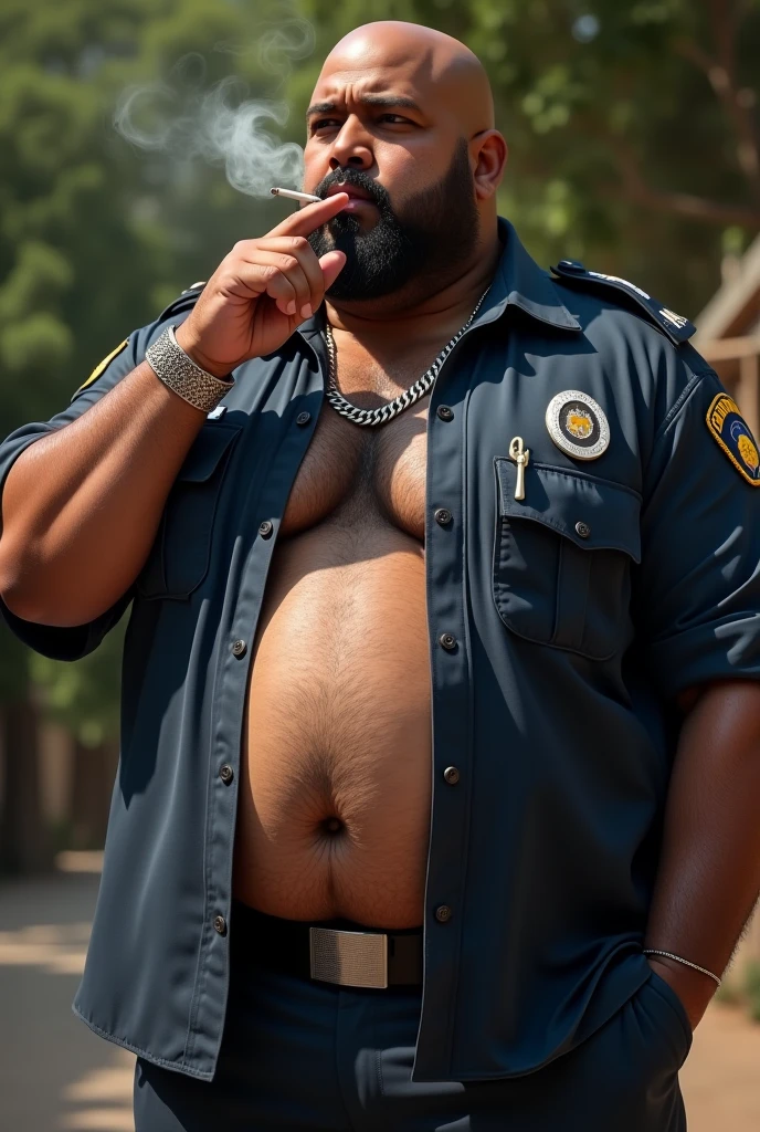 A police officer taking something out of the underwear of a big, strong, hairy, bearded Puerto Rican man, standing, I&#39;m cueca, very hairy, with legs apart from each other, with hands raised above the head.