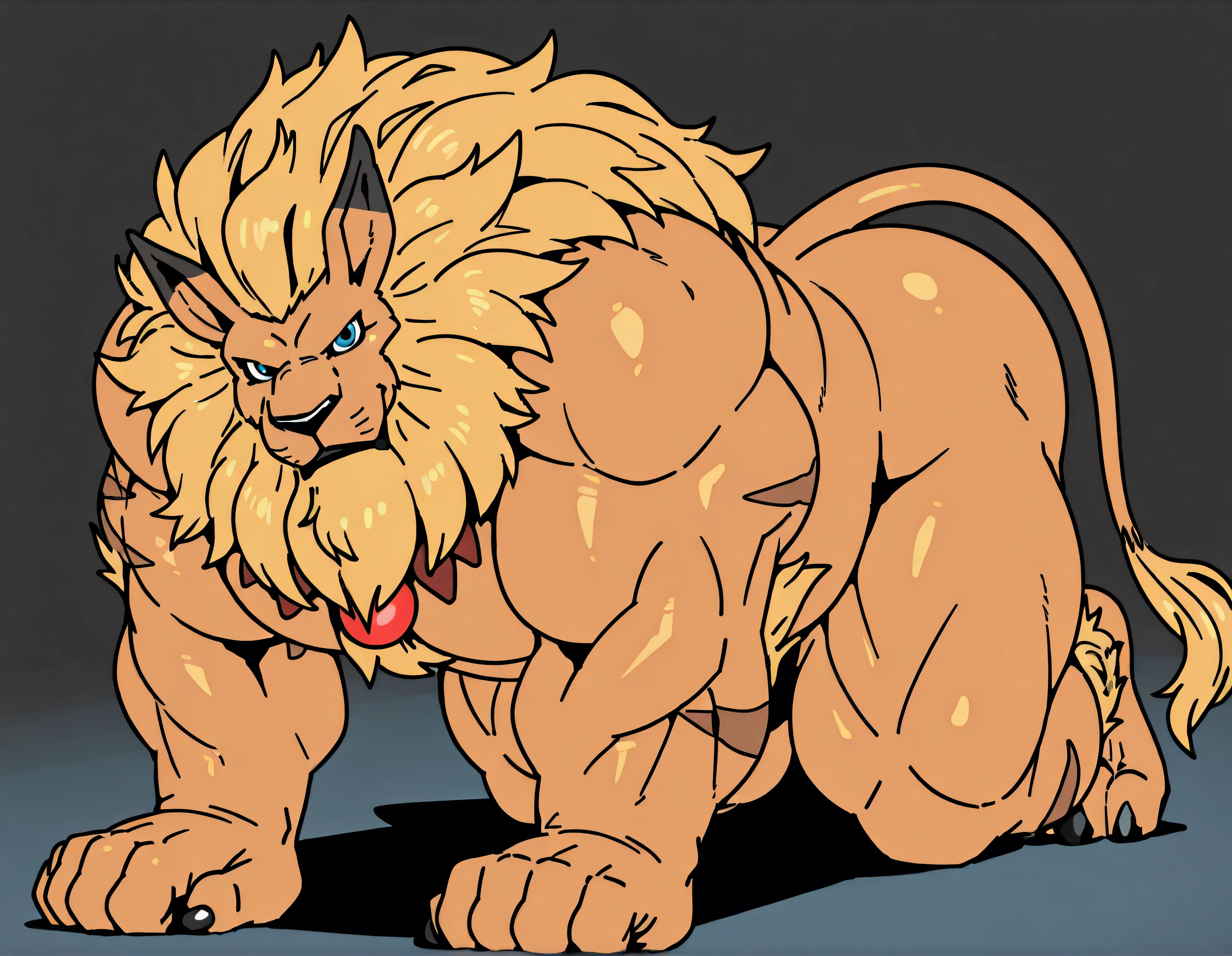 leomon, muscular, anthro, blue eyes, furry, solo, lion, male, mane, naked, high quality, simple background, looking at viewer, bright lighting, glistening body, big body, thick arms, thick lineart, black outline, full body, kneeling, thick body, bulging muscles, hands against floor, on all fours