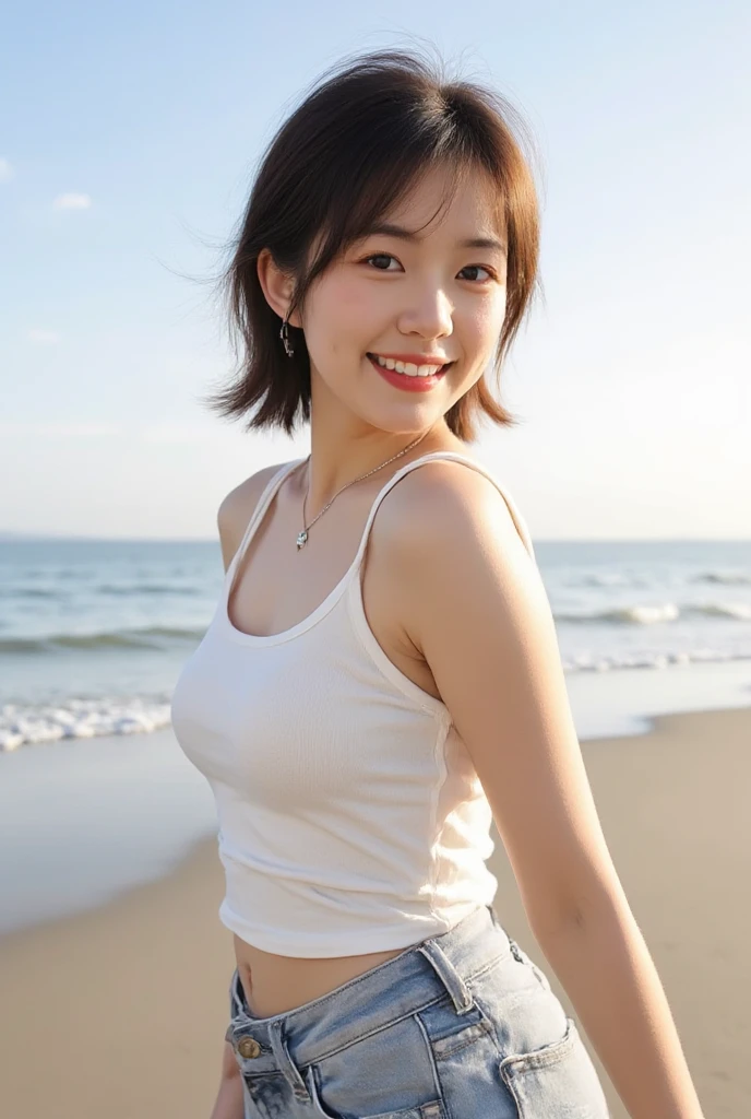 only one girl、((perfect body)))、(masterpiece)、((highest quality))、(super detailed)、((very delicate and beautiful))、(((very shallow depth of field)))、nffsw,(((incredibly absurd)))、((perfect body)))、(((black haired)))、(((short cut hair)))、(okabo hair)、(((look at the camera)))、(((Big breasts)))、(((The best smile that makes you happy)))、camisole dress sale+With background、dynamic angle、female focus、{particles of light}、细致With background、((paul hedley)))、soft lighting、(dramatic sunset)、sunset、very beautiful sunset、live action、realistic、Angle from above、cute smile、(background is blurry)、12 years old、being thin、((Wind))、(((movement)))、(((Emotional)))、((Colorful))、((baby face))、((beautiful teeth)) 、flare、sea background( short jeans,white tank top,