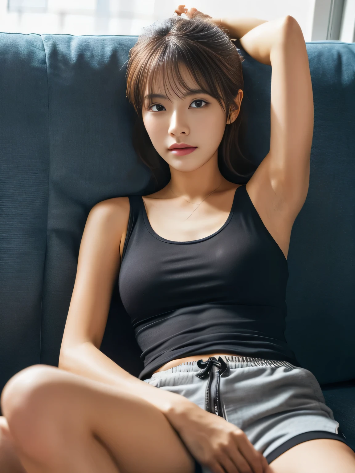 solo、((smile))、((Open Stance)),White shorts、Light pink sports bra、Jacket、Pedestrian precinct、Highest quality、masterpiece、Ultra-high resolution、(Photorealistic:1.4)、(((Staring at the audience)))、Ultra detailed face、Detailed Eye、double eyelid、(Sexy young woman&#39;s body:1.4),Beautiful kneey thighs are clean、