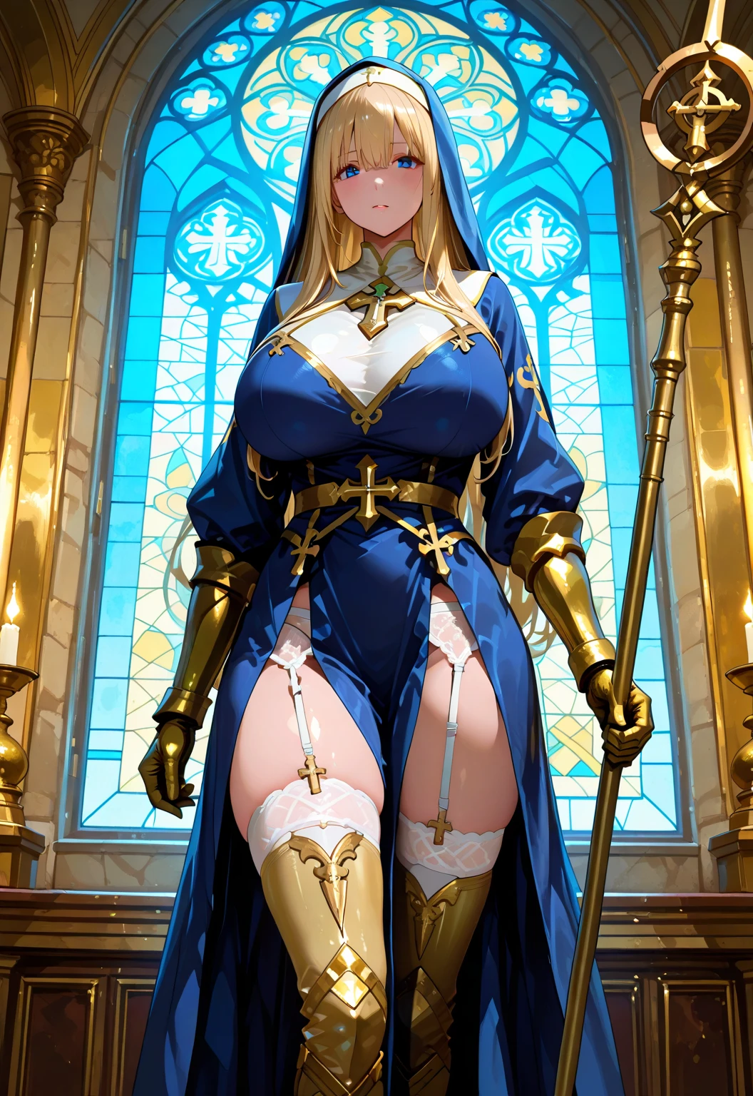 ((Standing Split:1.4)), ((standing on one leg)),((leg up)), Place your hands on your feet, cowboy shot, (from below), (vagina focus),
indoor, At church, Special altar,Majestic lighting,
金と青色で装飾された大swordが飾られている,
Scales on the table,
((highest quality)), ((masterpiece)),(Highly detailed CG Unity 8k wallpaper),(((Vibrant colors))),{best illustration},
Perfect Face,One girl, Five Fingers,gleaming skin,
swordのOtome,sword_Otome, Long Hair, Blonde, Blindfold, (black Blindfold:1.2),(Large Breasts:1.2),
Big Ass, glamorous_expensive_Tight waist_Long legs,White underwear,embarrassed,
Super Beauty,Glowing Skin,erotic,Bold,露出度のexpensive服装,show 肌,
necklace,jewelry, Sandals,Bridal Gauntlet,Removable sleeves, Outdoor handbags,
(Flying debris, Ultra-high resolution),(((White and gold theme))),Wear an iridescent aura,
Invisible Light, Amazing shine, neon blue glow, The colors of another world,
Bright colors, Ghostly Effects,Surreal Landscape,White and gold maiden robe,