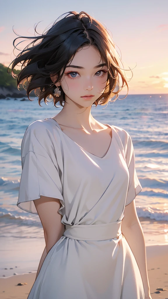 one girl, (18 years old:1.4),(Very Young Face), (japan Person famous idol), face, cute face, ash gray hair:1.5, bob hair, short hair, camera's line of sight, small breasts, An ennui look, (dress:1.4) , particles of light, sea of sunset, calm sea, white sand beach, very beautiful sunset, RAW photo, highest quality, High resolution, High resolution, masterpiece:1.3, 32k, professional photographer,(Enhances the beauty of skin texture:1.1),((Extremely precise and accurate anatomy:1.0)),Kind eyes,Graceful pose,(Beauty of form:1.4) Golden ratio, big eye,(nature's providence:1.4),(anatomically feminine body shape:1.4),