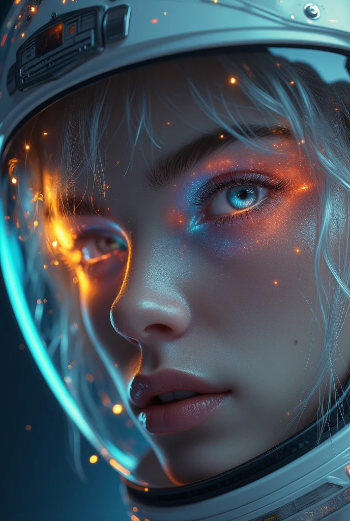 (Close-up of a better masterpiece:1.5)0.9], (Space and astronauts:1.2) (Messy silver hair:1.1) (Heterochromia xanthochromia and blue eyes:1.2) (Space Helmet:1.0) (Colored stars in the eyes:1.0) (A radiant glow:1.1) (thick lips:0.9)