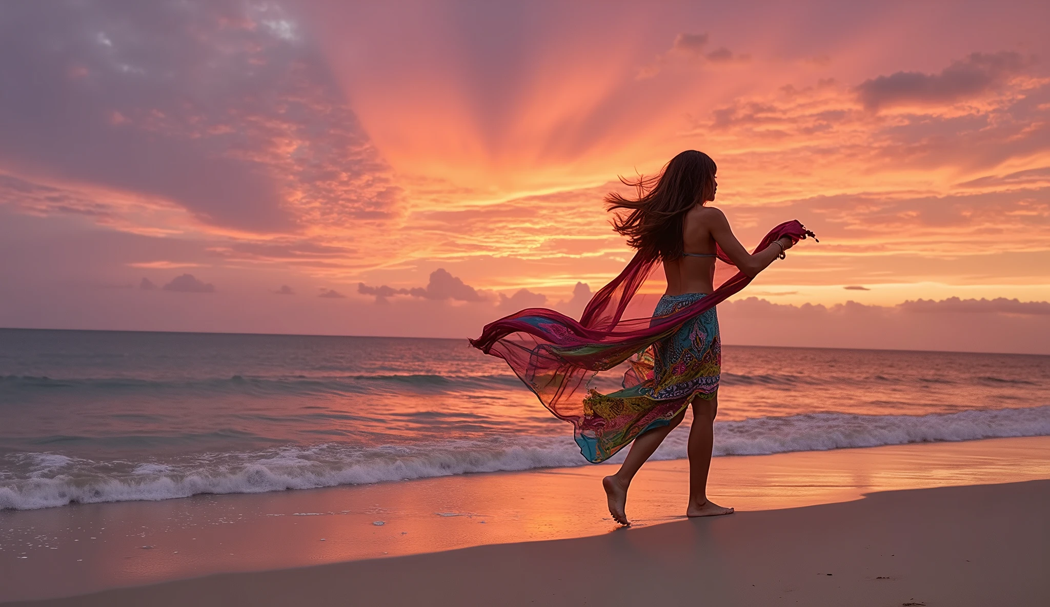 a beautiful young woman , long brown hair,A woman with a bohemian flair wanders along the beach at sunset, her colorful scarf billowing behind her. The sky transforms into a canvas of fiery reds and purples, while the rhythmic waves echo her free-spirited energy.