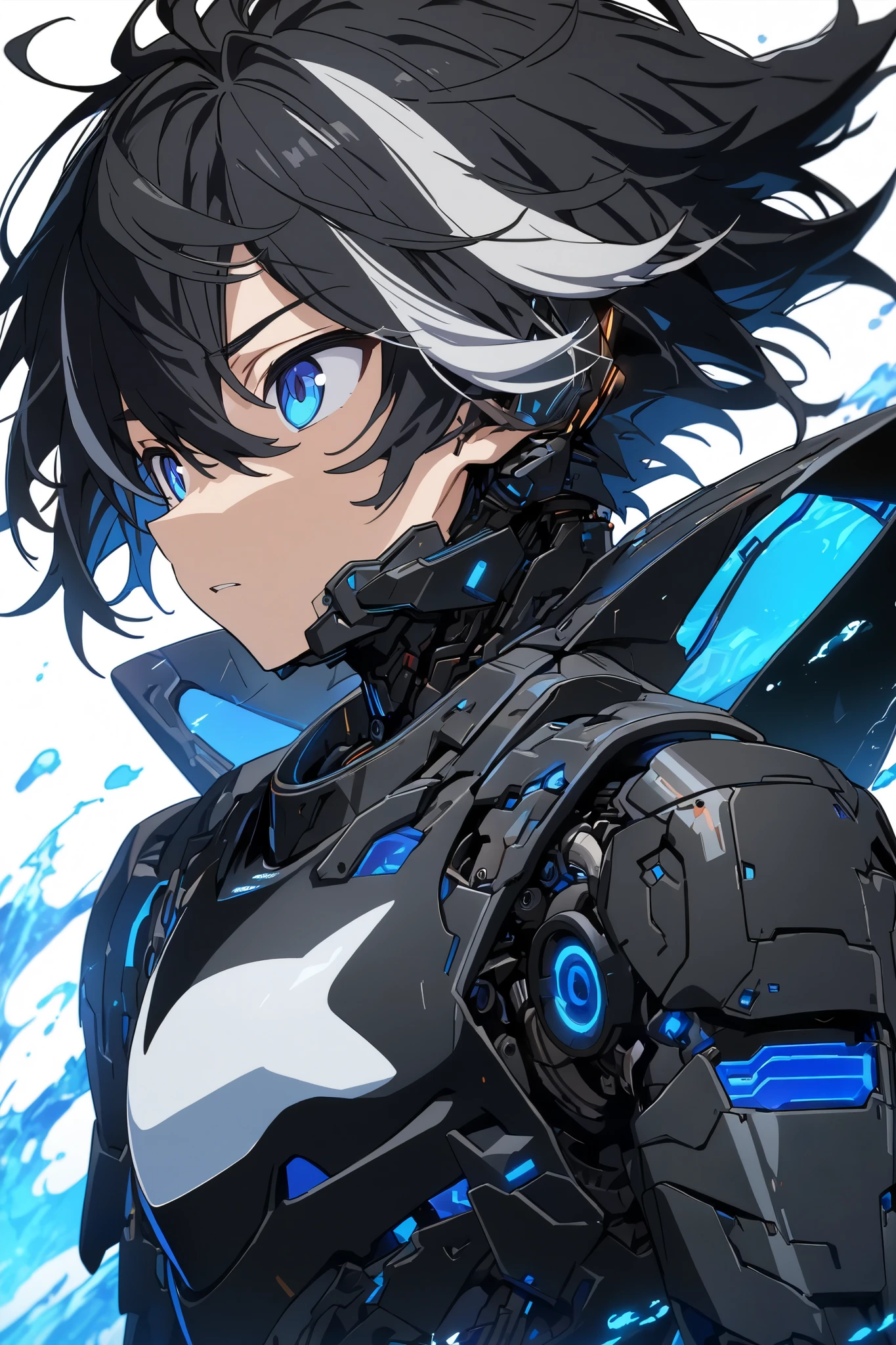 [(WHITE BACKGROUND:1.5),::5], ((masterpiece)), high quality, ultra very high resolution, full color, ((solo)), ((younger boy)), Black armor, Cyborg boy,  (ORCA armor), (ORCA Black mechanical head gear), ((men's BlueBlack hair)), (White streaked hair), (BLUE Ocean eyes), anime, Blue neon light,