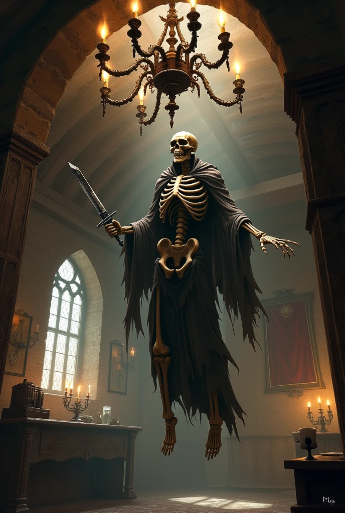 a skeleton with a dagger hanging from a chandelier in a medieval fantasy tavern