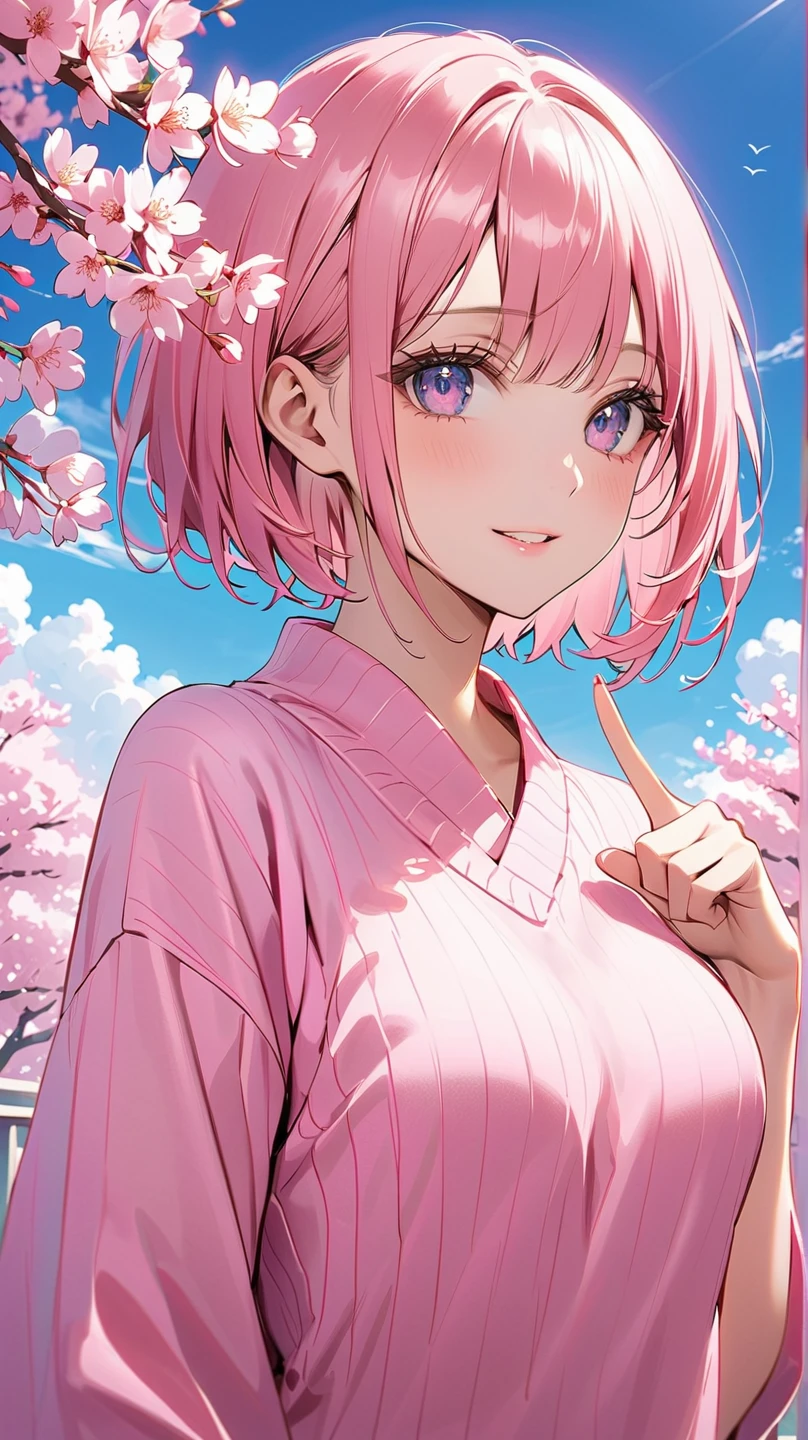 Upper body is shown、doing the peace sign、Realistic, real person, RAW photo, photorealistic, portrait photography, shiny skin, japanese idol、pink hair、bob cut hair with bangs、20 year old woman with pink eyes、(embarrassed:1.2), smile, Alone、(black:1.2) and (T-shirt) and (over size), The background is the living room、Are standing