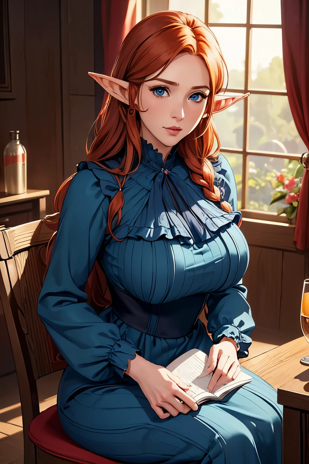 Handsome farmer with braids . (( Redheaded Woman, mature adult woman , mature MILF's face , long hair , pointy ears , elf ear)), Perfectly round face . cute and charming face , big lips , beautiful and voluptuous , charming beauty , (( soft expression on the face )), ((Belo grande, detailed blue eyes )), curly curly , long legs (( Dark blue dress with ruffles, mature adult woman , adult milf face, modest dress, very high neckline)) ( detailed high )), official art , Award-winning digital painting , digital illustration , extreme details, 4k, Ultra HD, rococo, polido, intrincado, realistic fantasy art , sharp focus, conceptual artwork , arte por wlop, germ of art, ( 2D vector illustration ) luz, arejado, Hourglass Shaped Body . ellie bamber