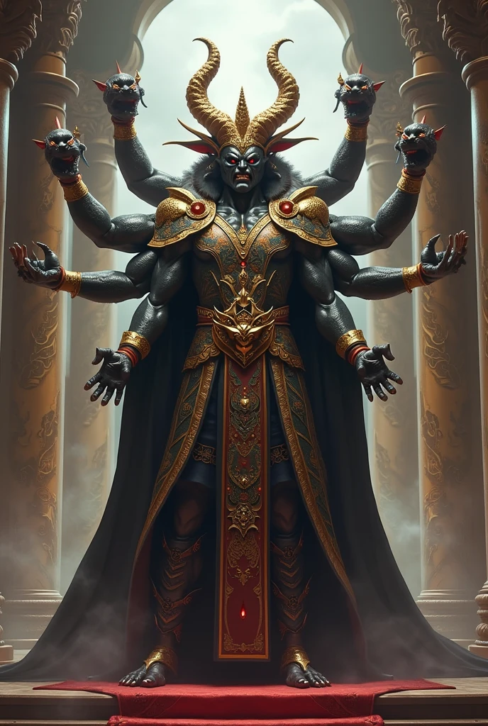 A monster with one head and three bodies, six arms, six legs, male, a god with one head and three bodies. Concept art of gods, intricate fantasy characters, full body paintings. Spotlight, Rim Light, Rim Light, Ultra High Detail, Ultra High Resolution, 8k, HD