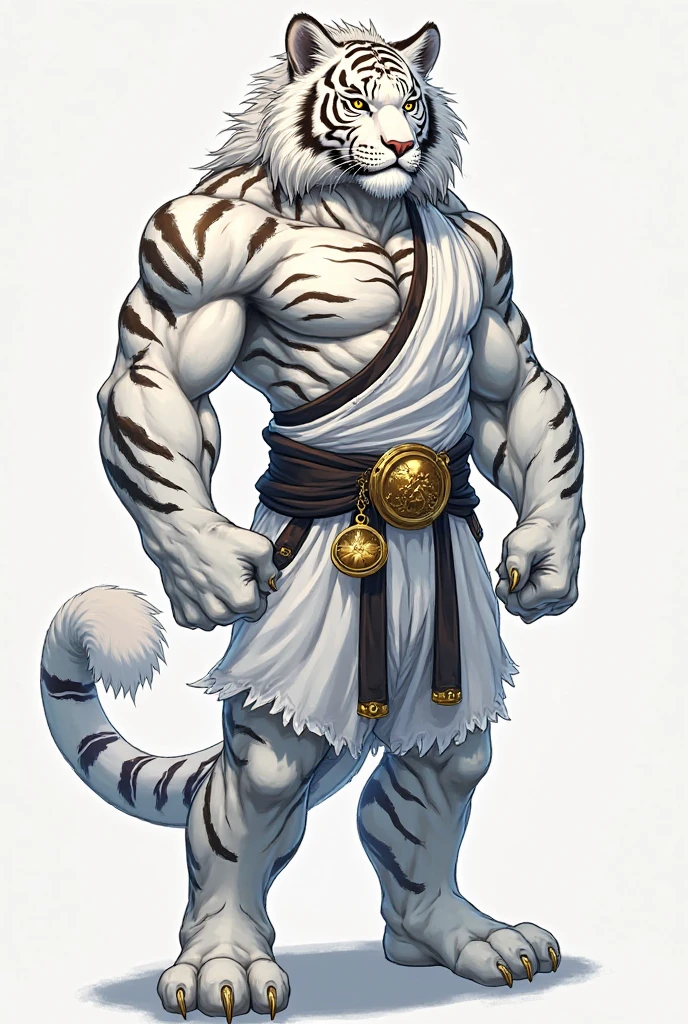 Furry art, white and light yellow tiger, full body, male, paws for hands, tail, short cloak covering shoulders, belly exposed, short pants, sandals, innocent look, smile, smiling, comic art style, hairy body, 8K, dynamic lighting, beautiful, green background.