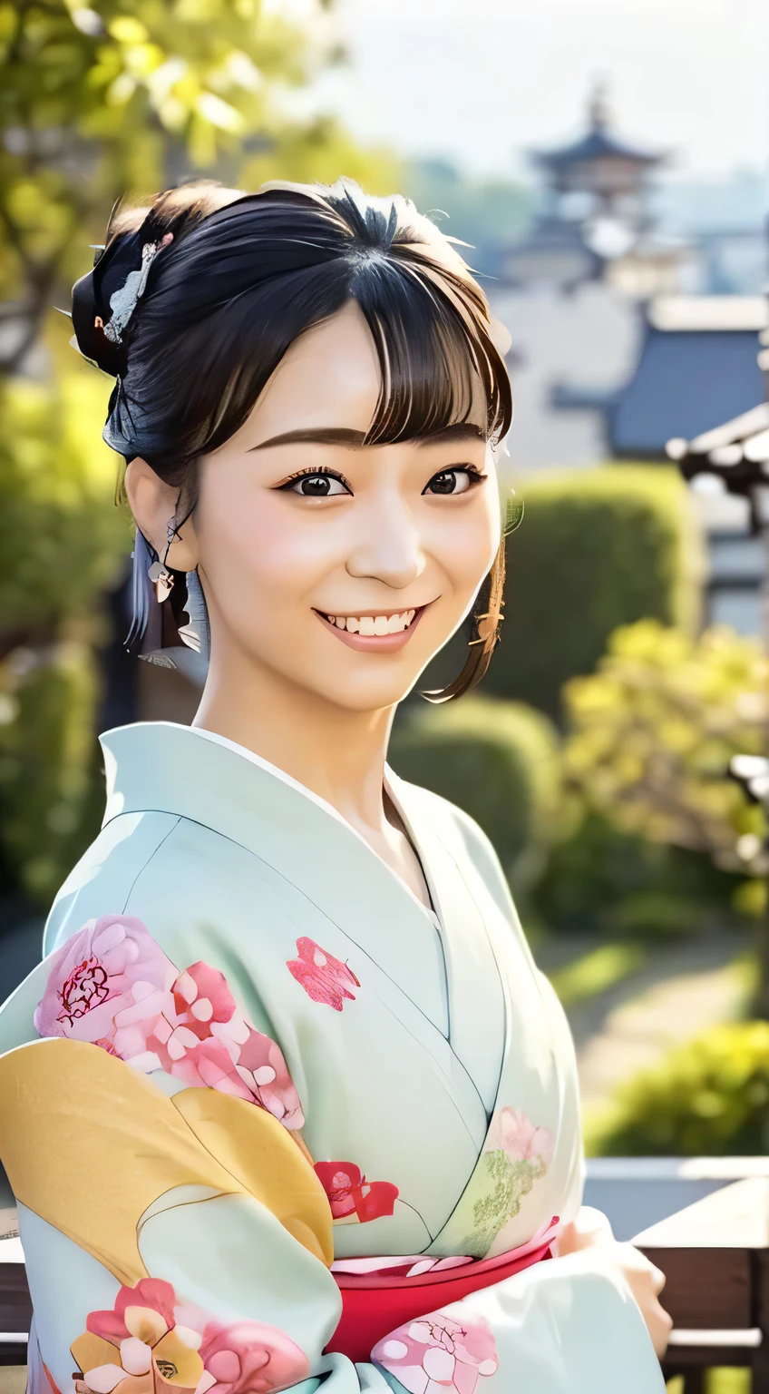 professional lighting,(photorealistic:1.4), (Top image quality:1.0), (超high resolution:1.0), 8k, Raw picturesy, (masterpiece:0.2), (Facing the mountain range _v1:0.5)、(highest quality Detail:1.2)、realistic、8K Ultra HD、high resolution、Creates natural tightness and softness of the skin、Improved image quality 、clean、 Pushes Resolution to the Limit 、(1 Girl:1.2)、Super  details、High quality textures、複雑なdetails、 details、Very  details CG、最高quality shadows、 details Beautiful and delicate face、 beautiful details and delicate eyes 、(symmetrical eyes:1.2),writing boundary depth、ray tracing,1 Girl, japanese girls, (natural smile:1.4),cute, thin,  portrait of a beautiful Japanese woman wearing a kimono , Standing gracefully on the corner of a street in Kyoto . Kimono with vivid traditional pattern , hair adorned with graceful and delicate hairpins, gentle expression. ( with the ancient capital of Kyoto in the background :1.4)、The gentle light of a spring afternoon、adds serenity to the scene. Rendered in a realistic style with great attention to detail, high resolution images.Sky Porn, magic hour, (realistic:1.3), finely, quality, (table top:1.2), (realistic:1.2), (highest quality), (複雑なdetails), dramatic, ray tracing, pictures, +roller