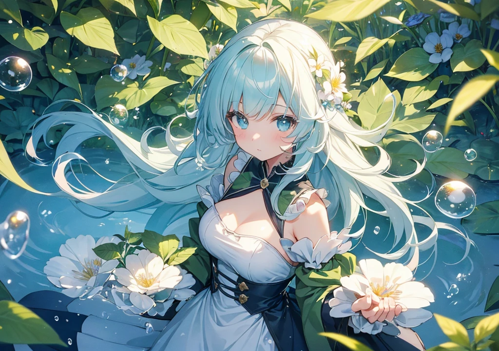 (summer clothing photo:1.1, in blue waterfront:1.5), Masterpiece, best quality, (very detailed CG unity 8k wallpaper), (best quality), High definition RAW color art, Animation,sculptures, (black Marble Skin), (((Ultra detailed elegant))), Magical atmosphere, Detailed skin, Texture,(Intricately detailed, Fine detail, ultra-detail art), depth of fields, bokeh, Silky Touch, Hyper Detail, beautiful eyes, elegant face, (lying on light green glass floor), sparkle background, enormous breast:1.3, (silver hair), pastel purple, embarrassing face, short hair, sunflower, maid, armpit, Wet
