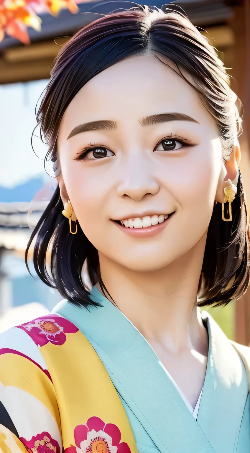 professional lighting,(photorealistic:1.4), (Top image quality:1.0), (超high resolution:1.0), 8k, Raw picturesy, (masterpiece:0.2), (Facing the mountain range _v1:0.5)、(highest quality Detail:1.2)、realistic、8K Ultra HD、high resolution、Creates natural tightness and softness of the skin、Improved image quality 、clean、 Pushes Resolution to the Limit 、(1 Girl:1.2)、Super details、High quality textures、複雑なdetails、 details、Very details CG、最高quality shadows、 details Beautiful and delicate face、 beautiful details and delicate eyes 、(symmetrical eyes:1.2),writing boundary depth、ray tracing,1 Girl, japanese girls, (natural smile:1.4),cute, thin, portrait of a beautiful Japanese woman wearing a kimono , Standing gracefully on the corner of a street in Kyoto . Kimono with vivid traditional pattern , hair adorned with graceful and delicate hairpins, gentle expression. ( with the ancient capital of Kyoto in the background :1.4)、The gentle light of a spring afternoon、adds serenity to the scene. Rendered in a realistic style with great attention to detail, high resolution images.Sky Porn, magic hour, (realistic:1.3), finely, quality, (table top:1.2), (realistic:1.2), (highest quality), (複雑なdetails), dramatic, ray tracing, pictures, +roller