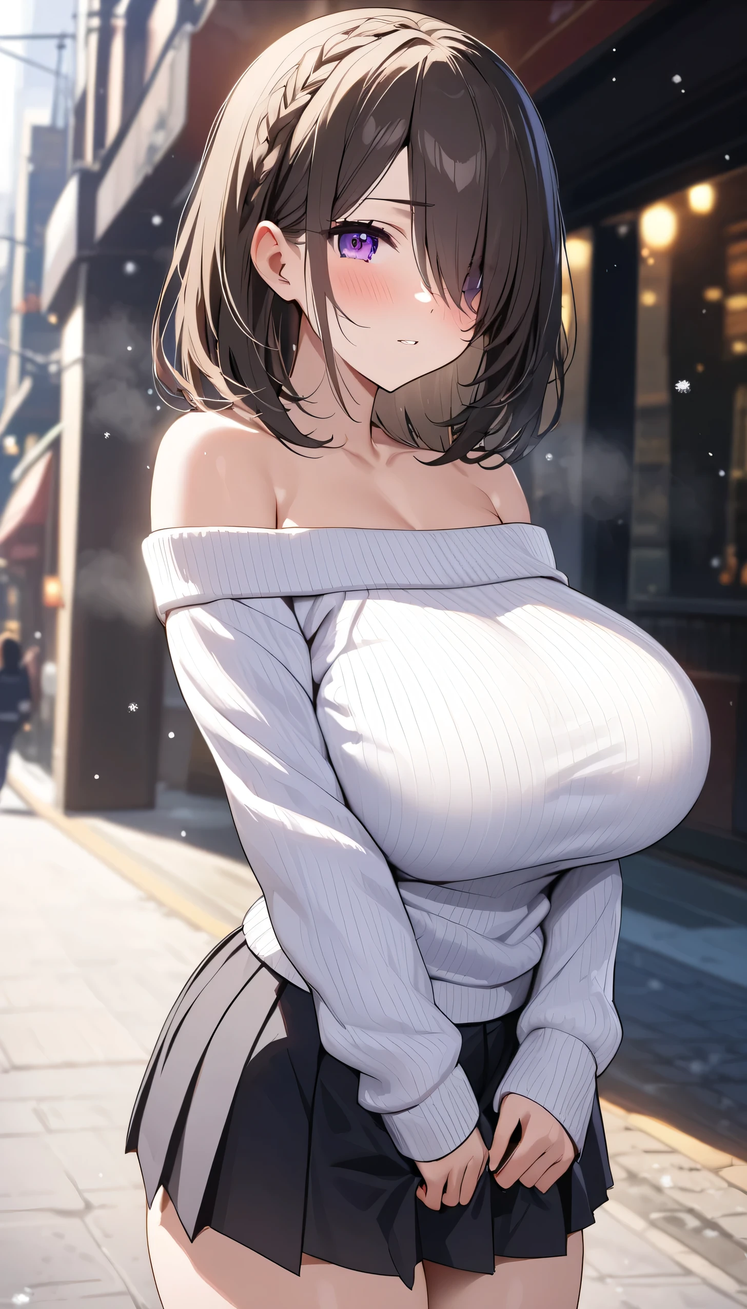 (best quality:1.5, highres, UHD, 4K, detailed lighting, shaders), brown ponytail, busty, off shoulder sweaters, cleavage, jeans, street background, snow, (pov, close shot), smiling, sexy
