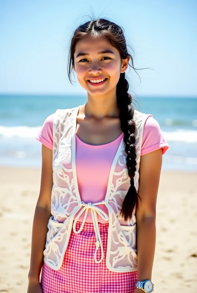 beautiful 20 year old acid jenna ortega, long braided ponytail, blue eyes, photo-realistic skin texture, seductive smile, large , colorful tank-top and thong, playing in the water next to a Tropical beach, (full body:1.6), glistening with water, wet