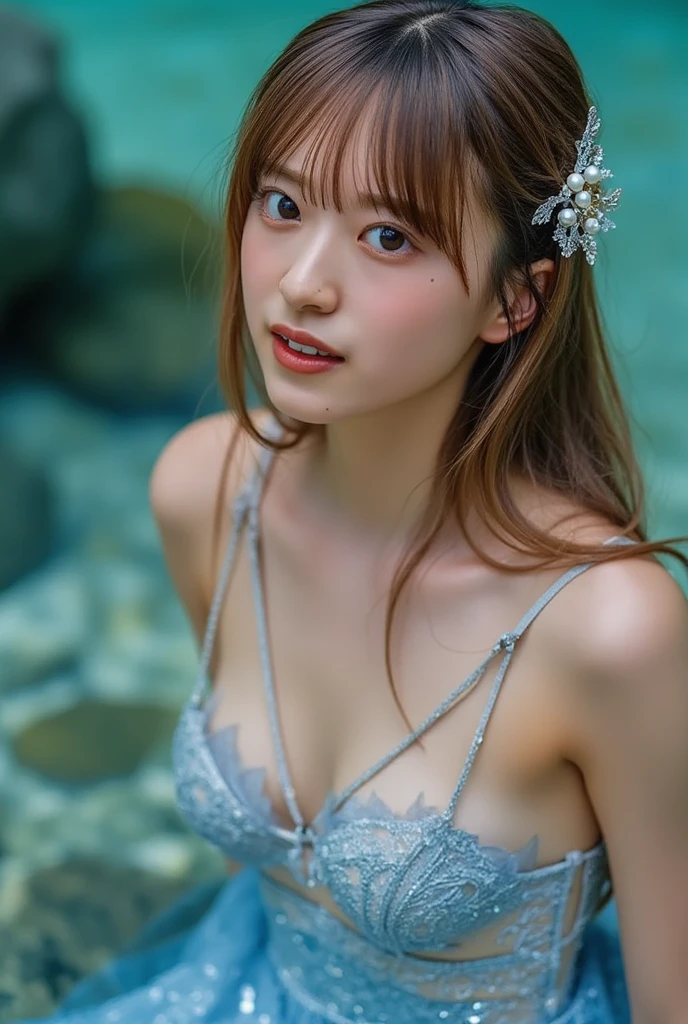 Russian woman、The upper part of the body、Very sleepy face、face so tired、open open mouth、Narrowed eyes、sexual 、Raw photography, (Very beautiful portrait), glistning skin, 1girl in, Sexy 12 year old girl, ((Natural brown hair)), Brown-eyed,Gentle smile staring at the camera、((masterpiece, 最hightquality, ultra-detailliert, intricate detailes, hight resolution, 8K, ighly detailed)), detailedbackground, hightquality, Shallow depth of field, natural soft light、face perfect、A detailed eye、blue eyess、White teeth、teats、((small areola))、((tiny chest:1.3))、((flat chest:1.3))、opened legs:1.3、skinny thigh