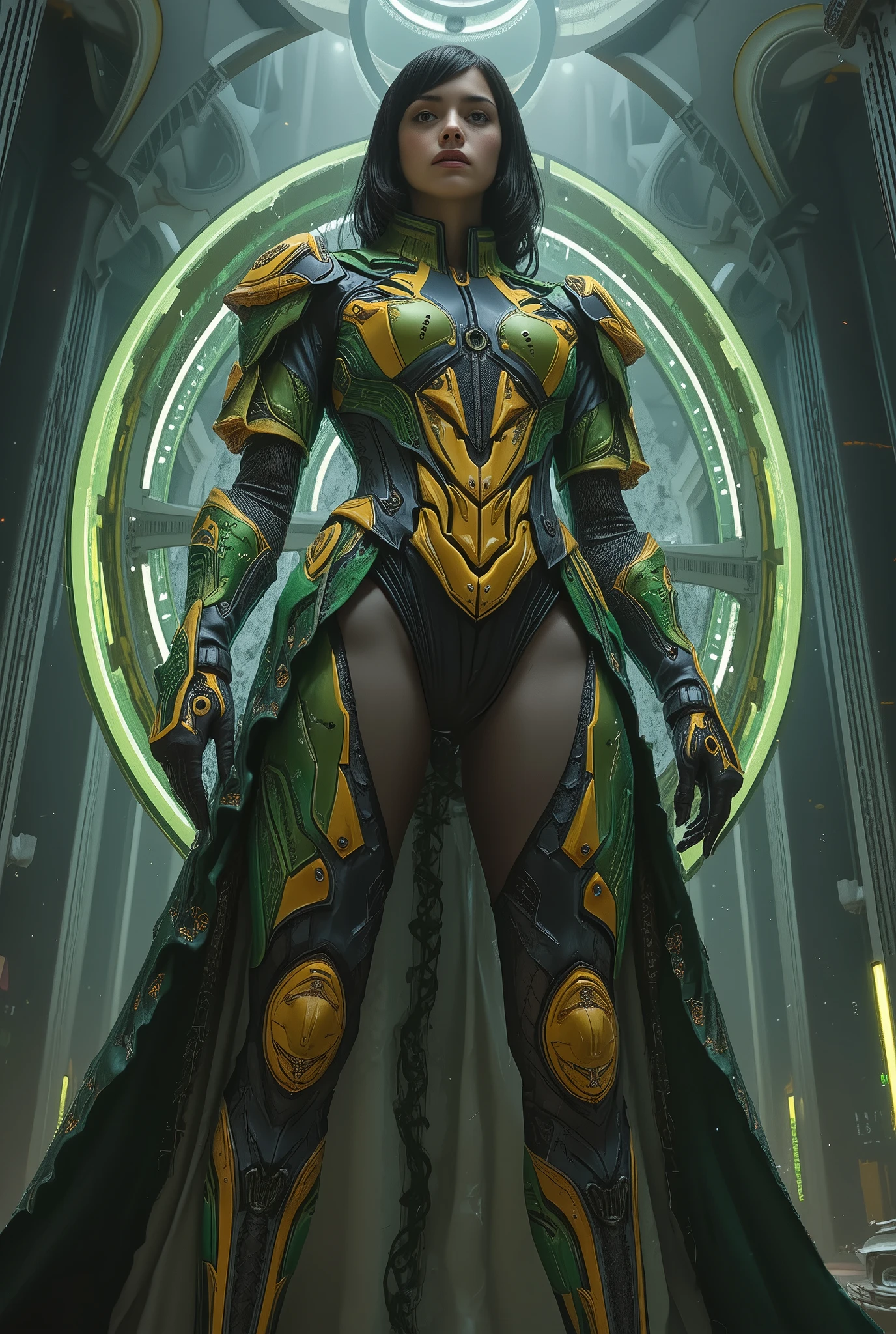 A stunning tall woman is posing like a fashion model, (She is an anti-hero wearing intricated desighned vivid green and light yellow and dark gray uniform:1.7), neon colored mechanical biomorphism, horror art, intricate details, maximalist perfect illustration, digital painting art, quantum world, place of fear, surreal,dark, ominous,nightmarish, twisted, unsettling, unnerving, otherworldly, abstract, geometric, futuristic, cyberpunk, chiaroscuro, dramatic lighting, moody atmosphere, rich colors, deep shadows, glowing elements, unsettling anomalies(best quality,4k,8k,highres,masterpiece:1.2), ultra-detailed,(realistic,photorealistic,photo-realistic:1.37), from below