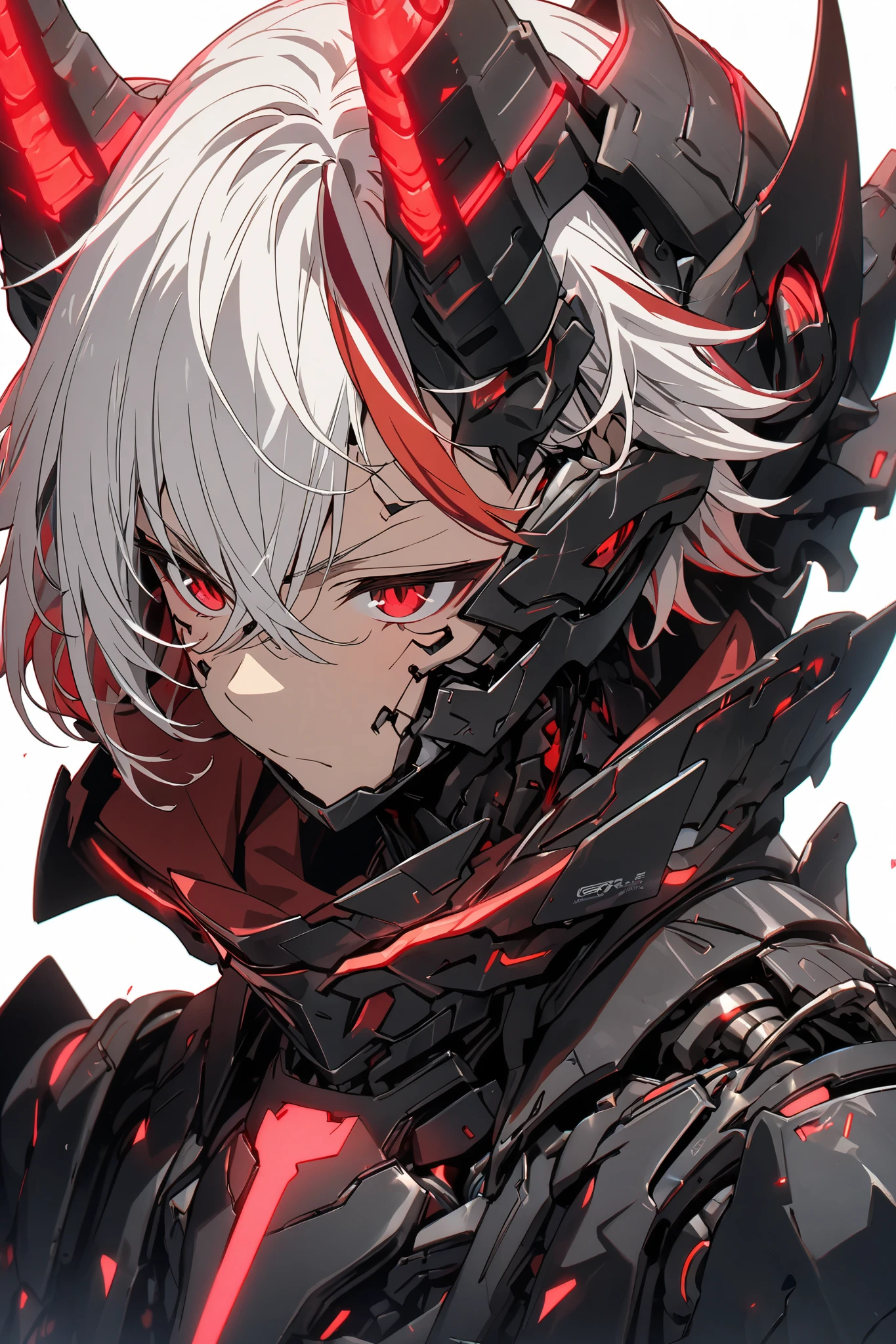 [(WHITE BACKGROUND:1.5),::5], ((masterpiece)), high quality, ultra very high resolution, full color, ((solo)), ((boy)), Black armor, Cyborg boy,  (ONI armor), ((ONI mechanical horn)), ((men's White hair)), (Red streaked hair), (Red eyes), anime, (upper body), Red neon light,