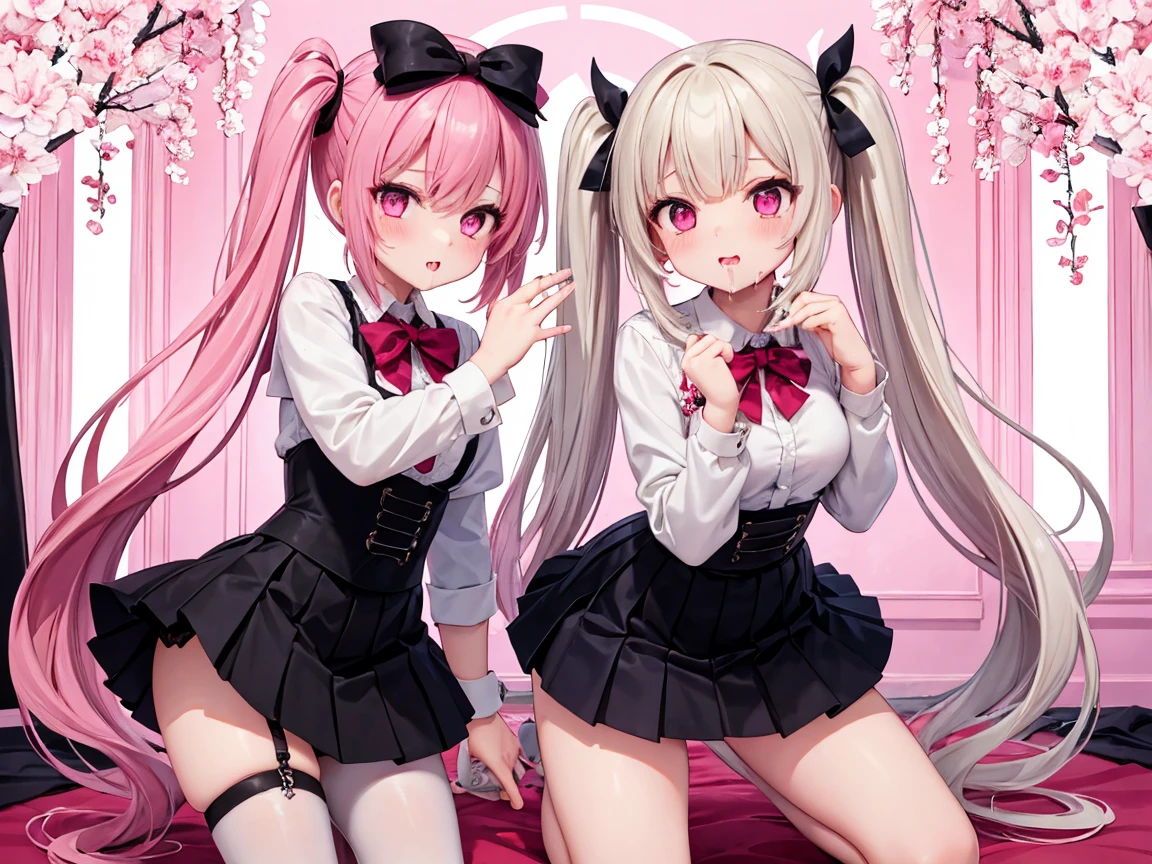 Kisara | Kiss of the Contract | kisara (Engage Kiss) teeth、anime、character、girl、anime，1girl kisara hair ribbon、Gray sailor suit, red ribbon, white skirt、smile，美しいgirl，ムラムラするgirl，エッチなgirl，Pink Hair，Bandage leg　