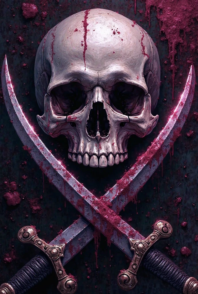 Make a logo with a black background in front of a skull with an open mouth while around it there are blood stains behind it that have 2 straight gray swords that make a V and behind that a V for vendetta can be seen in red while blood is dripping from it