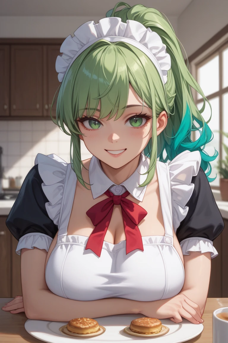 (8k, RAW photo, best quality, masterpiece, highres, absurdres, ultra detailed:1.3), (Photography, realistic, photo-realistic:1.4), (beautiful natural lighting, beautiful deatailed shadow, beautiful detailed glow :1.4), atmospheric,
BREAK Beauty 1 Girl,Solo,(Cute:1.5),(Chibi:0.6),(kawaii:1.5),(Loli:0.5),BREAK,(17 years old girl),Very detailed,colourfull,highest details,Clear skin,Beautiful skin,Shy,Very detailed,colourfull,highest details,BREAK,Clear skin,Beautiful skin,Shy skin,1 beautiful girl,(Heterochromia,blue eyes,green eyes:1.75),star eye silhouette,BREAK (pale blue hair, Medium length:1.4),(side ponytail,A little curly hair,Princess Cut, crossed bangs:1.3),,(cleavage of the breast,Big breasts,Beautiful breasts,Large breasts:1.5),(long eyelashes, Double eyelids:1.2),Solo,gleaming skin, Clear skin, Beautiful skin,(best quality face),(Top quality glowing eyes), (The best smile,:D:1.45),
BREAK //Character
(ligne claire,1980s \(style\):1.1),(LoFi aesthetic,:1.2),pastel colors,(gingham apron:1.2),baseball cap,BREAK
indoors,classics american diner,(neon lights:1.1),food,
BREAK wakame,wakame,wakame,(cowboy shot,from front:1.4),
BREAK manga illustration.media,manga style,(water color:1.15),
