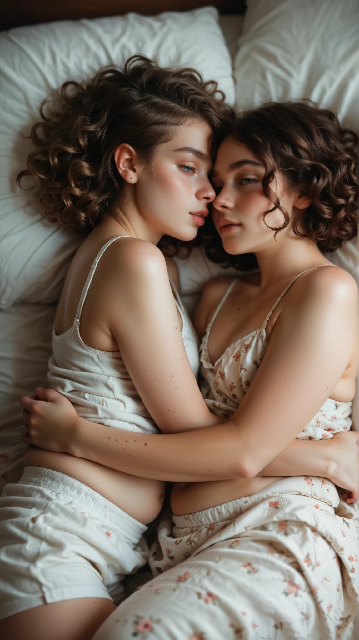 Little chubby  innocent face round curly brown hair lying on her bed with a black girl touching her body
