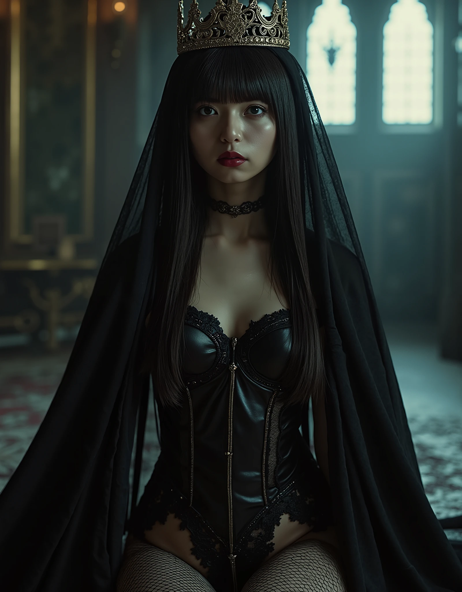 A highly detailed photorealistic image, half-body, a close up of a beautiful japanese woman, long hair with bangs, dreamy gothic girl, gothic make-up, she is a vampire, beautiful face, detailed face, elegant render, half body photo, mistress, photoshop render, cinematic lighting, ebony rococo, elegant girl, female spy, haunting beautiful young woman, detailed face, extravagant dress, beauty girl, very femenine, abandoned gothic cathedral at background, dark haze atmoosphere, ambient dust