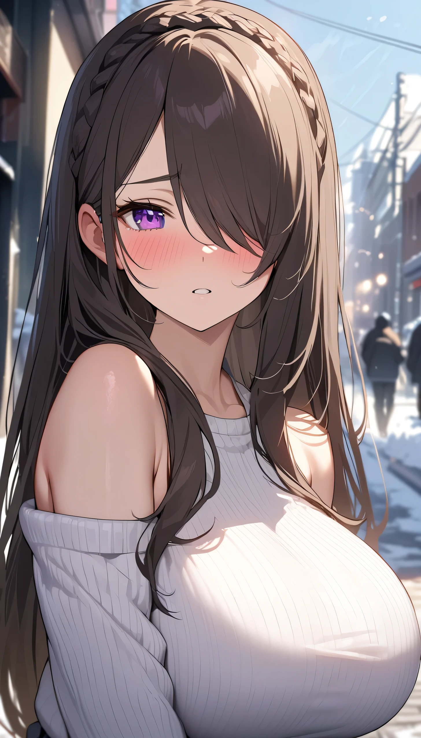 a woman, (realistic), (hyperrealism), (photorealistic), depth of field, eye makeup:0.5, (upper body:1.2), (narrow waist:0.7), looking at the viewer, casual outfit, at the city streets, topless