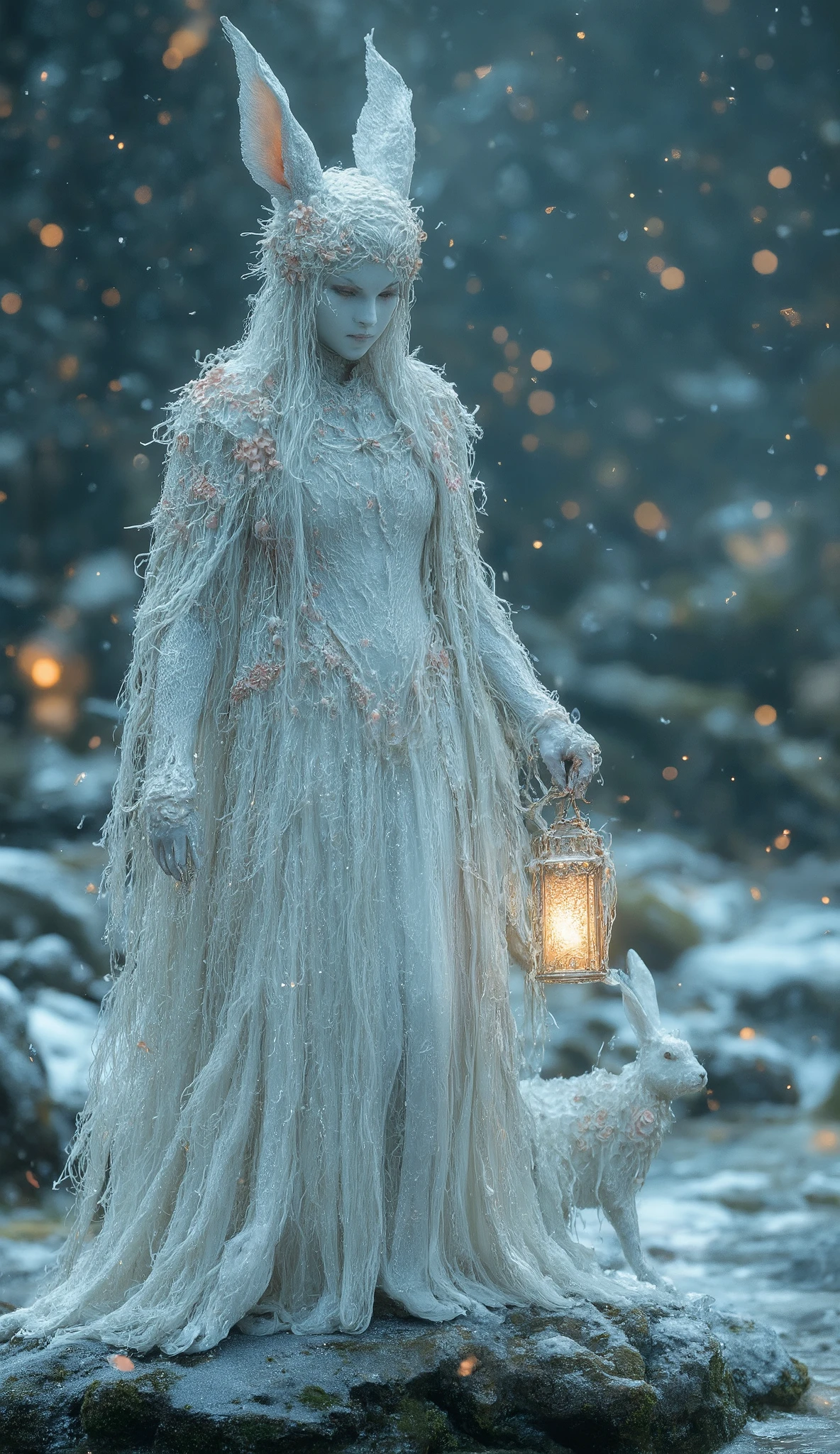 4. Rabbit God – The Moon-Alchemist**
*A **porcelain-skinned goddess** in a **robe of spun moonbeams** hops lightly across a **bridge of frozen lotus flowers**. Her **elixir gourd** sloshes with liquid starlight, and her **muted snow-hare companion** glows like a lantern. Soft-focus dreamlike ambiance.*