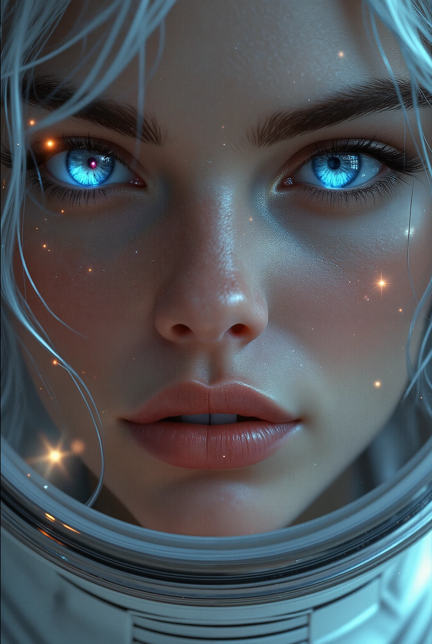 (Close-up of a better masterpiece:1.5)0.9], (Space and astronauts:1.2) (Messy silver hair:1.1) (Heterochromia xanthochromia and blue eyes:1.2) (Space Helmet:1.0) (Colored stars in the eyes:1.0) (A radiant glow:1.1) (thick lips:0.9)