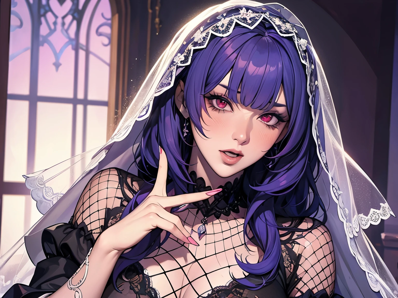 (hoang lap,A high resolution,ultra - detailed),1girll,Black-purple hair color,the hair,Curl,The cleavage protrudes,Black wedding dress,Veil behind the head,White veil,Ying color headdress,Sick,a sense of atmosphere,Light