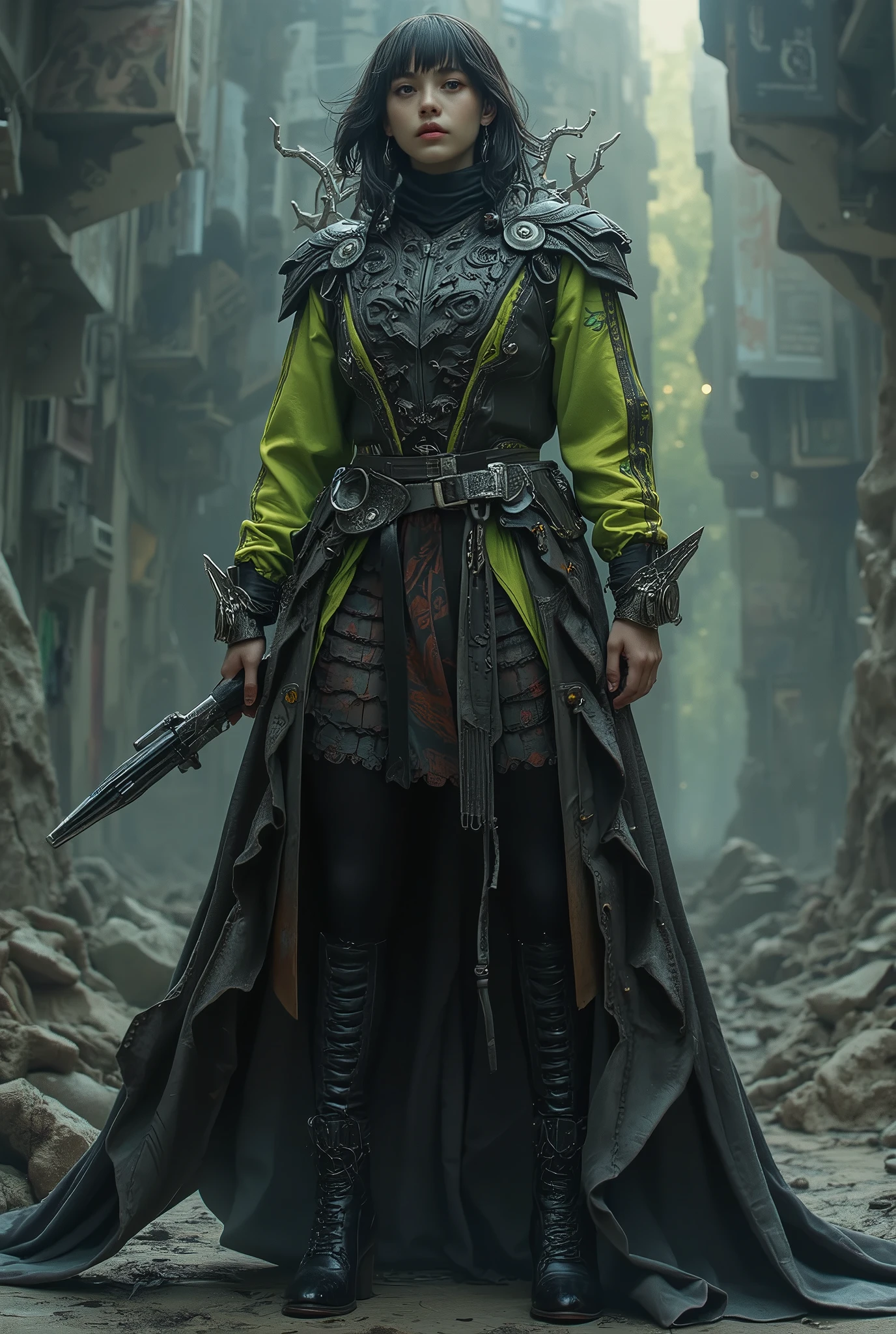 A stunning tall woman is posing like a fashion model, (She is an anti-hero wearing intricated desighned vivid green and light yellow and dark gray uniform:1.7), neon colored mechanical biomorphism, horror art, intricate details, maximalist perfect illustration, digital painting art, quantum world, place of fear, surreal,dark, ominous,nightmarish, twisted, unsettling, unnerving, otherworldly, abstract, geometric, futuristic, cyberpunk, chiaroscuro, dramatic lighting, moody atmosphere, rich colors, deep shadows, glowing elements, unsettling anomalies(best quality,4k,8k,highres,masterpiece:1.2), ultra-detailed,(realistic,photorealistic,photo-realistic:1.37), from below