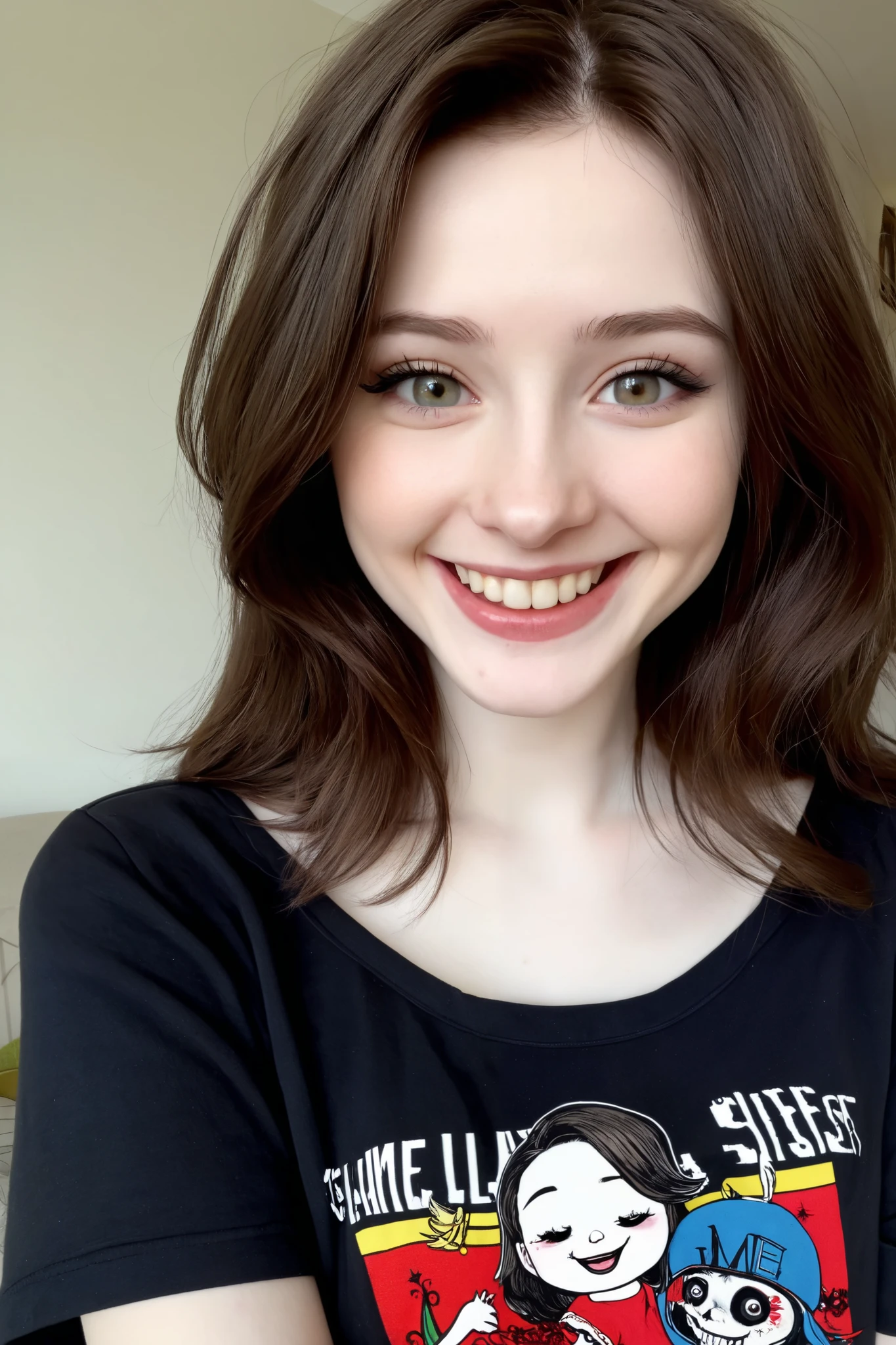 My dead 22 year old brunette summoned Moldovan sister Budeci looks at me after I tried to annoy her,pale skin.she has a plan and is smirking wearing clothes.looking at me being happy and very excited because I am all hers and I am cute