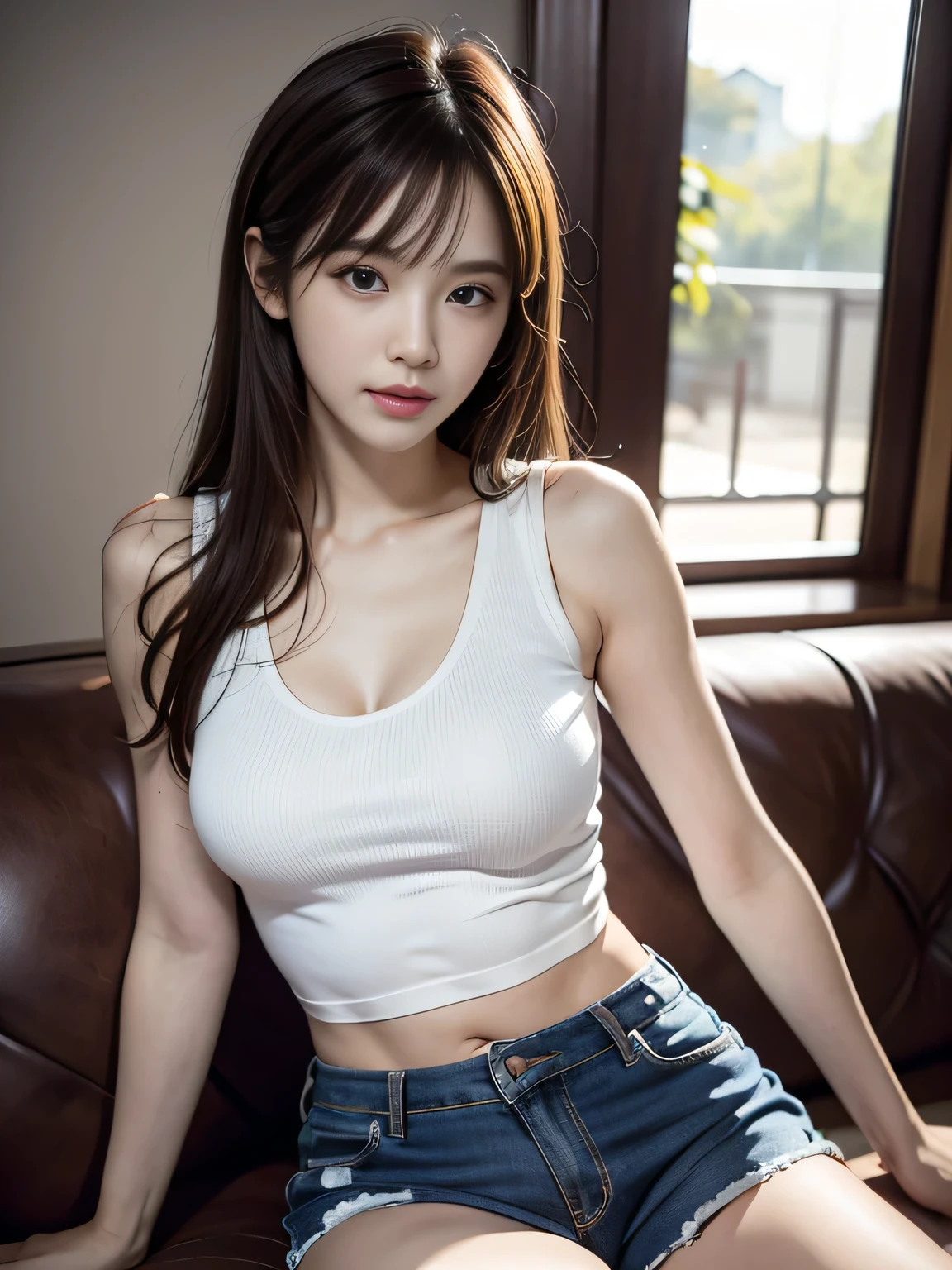 masterpiece, top-quality, 1 beautiful girl, (Detailed beautiful eyes), ((Detailed skin)) , ((Detailed medium hair )), A beautiful 170cm, in colorful clothings hiphop style, crop top, tank top and ripped jeans, at the living room, RAW photos, CG rendering, Blurred background, deep shadow, 16K, bokered, Very detailed, wallpaper, depth of field, movie light, Ray tracing,