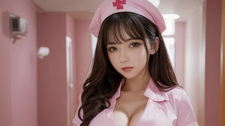 Pornographic Images,Cinematic scene,Fantasy Art,Highest image quality,hyperrealistic portrait,(8K),Ultra-realistic,Best Quality,High quality,High Definition,high quality texture,high detailing,Beautiful detailed,fine detailed,extremely details CG,Detailed texture,realistic representation of face,masutepiece,presence,Dynamic,Bold,1gir,(ideal ratio body proportions:1.5),Ultra detailed skin,Curve,Beautiful breasts,Large breasts,pale skin,(Thin hair),(Soft hair),(ultra straight hair),Swept long bangs,very light coppery amber hair,Hair over one eye,(pink nurse uniform:1.3),(gravure pose:1.5),(hospitals、Hospital Room、on Patient bed:1.5)、