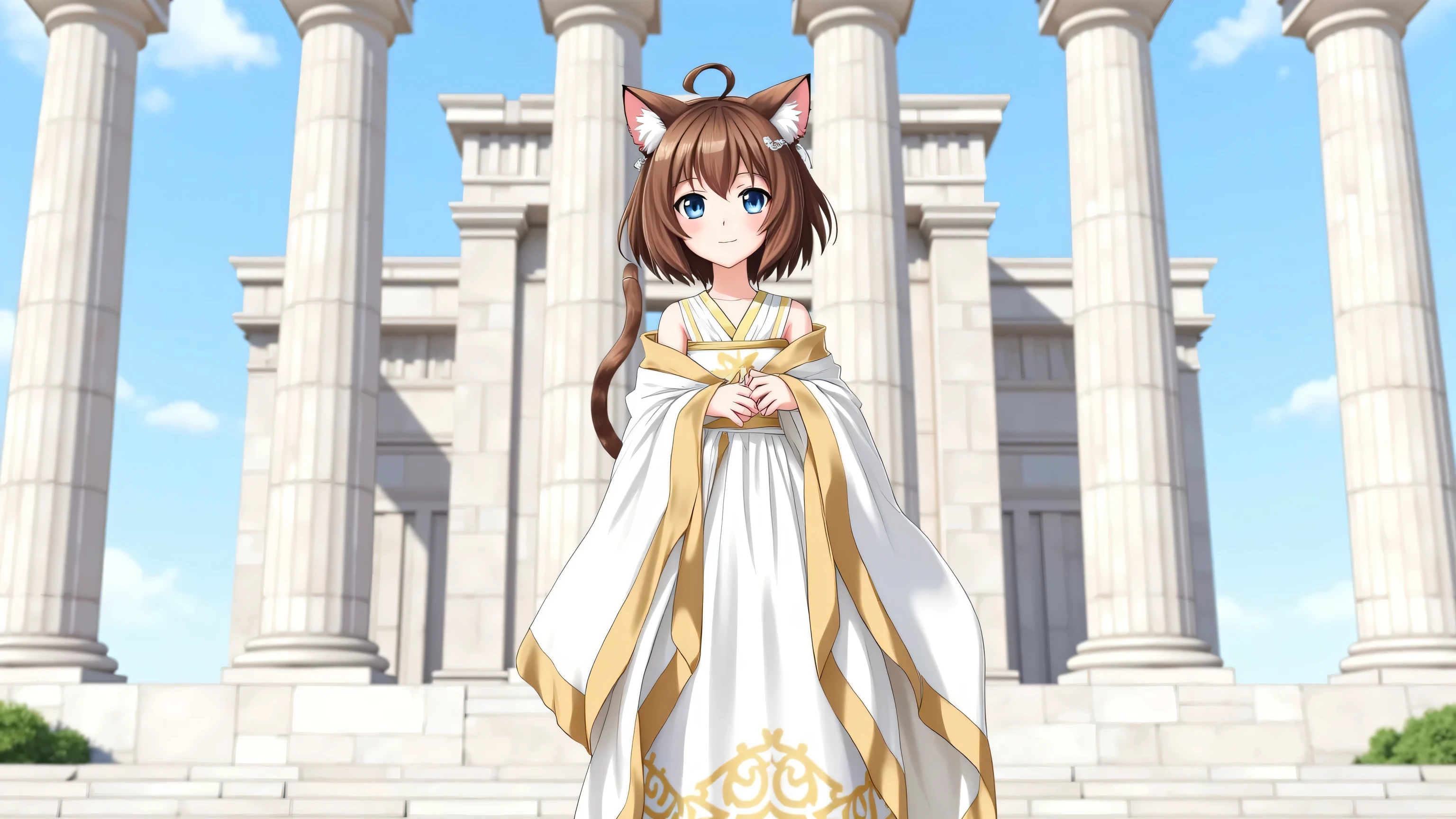 A petite anime-style girl with cat ears, featuring short, striped brown tabby-colored hair. She has distinct cat ears atop her head and does not have human ears. A fluffy cat tail gently sways behind her, complementing her playful and charming appearance. Her bright, expressive eyes enhance her cute and innocent character, capturing a cheerful and endearing presence in this fantasy-inspired illustration. In front of an ancient Greek temple, a woman dressed in traditional Greek priestess attire. Her flowing white and gold robes drape elegantly, adorned with intricate patterns that reflect her sacred role. She stands gracefully, her serene expression radiating wisdom and divinity. The majestic columns of the temple and the clear blue sky provide a stunning backdrop, enhancing the atmosphere of historical reverence and beauty.