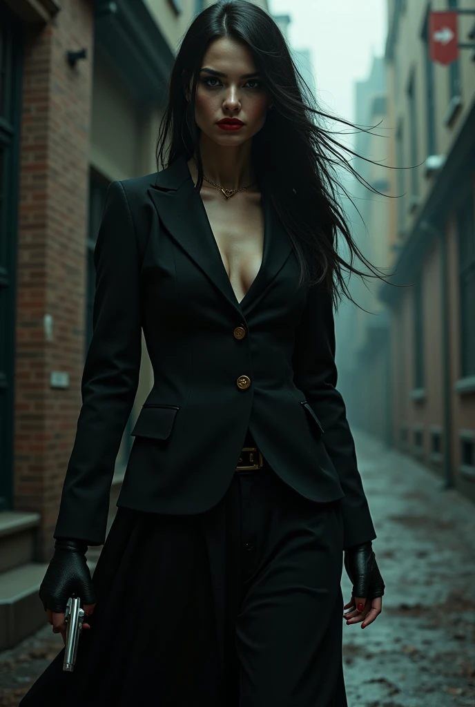 professional photograph, elegant woman from mafia,
style dress of 1920, street of Chicago, fog, perfect symmetric eyes,
sullen look, strict dark suit, hat,  
cinematic lighting, 1DX Mark III, Canon EF 85mm f/1.4 L IS USM Lense,
shutter speed 1/125, aperture f/11.0, ISO 100, 8k, HD, cinematography,
photorealistic, epic composition, cinematic, color grading, depth of field,
hyper-detailed, cinematic, editorial photography, photoshoot, super-resolution