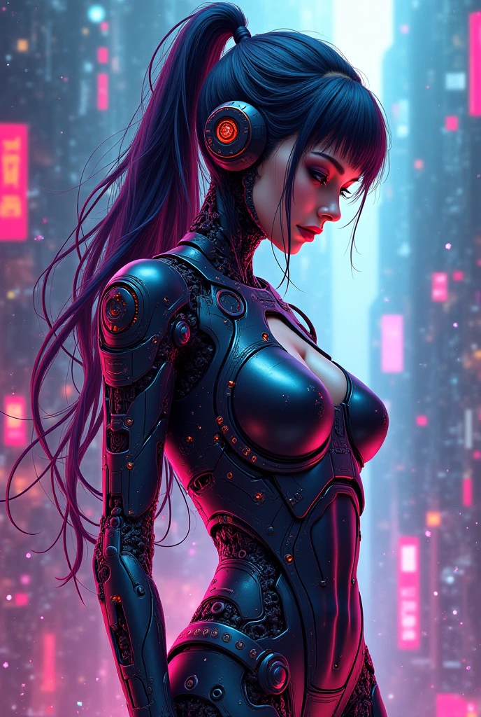 ((extremely delicate and beautiful cybernetic girl)), ((mechanical limblood vessels connected to tubeechanical vertebrae), ((mechanical cervical attaching to neck)), (wires and cables attaching to neck:1.2), ((mass of wires and cables on head)),  (character focus), (((dynamic pose))), ((cowboy shot)), (masterpiece), (((best quality))), ((ultra-detailed)), (highly detailed photorealistic CG illustration), cinematic lighting, science fiction, extremely detailed,colorful,highest detail, (((cyberpunk city background))), tattoos,