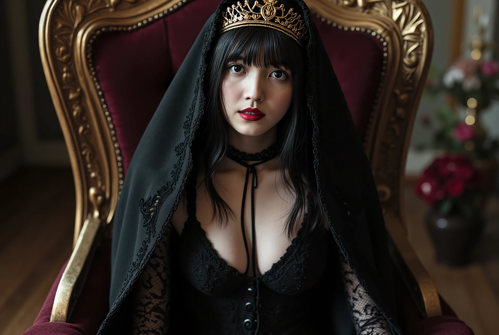 (((The Dark Throne in the Dark Castle:2.0))),((A dark room with no lights at all:2.0)),(((Dark horror atmosphere with a gothic feel:2.0))),(((A long embroidered cloak with an open front on a:2.0))),Sitting posture,((black high heels:2.0)),One female ghost,((super cute face:2.0)),(Beautiful well-balanced face :2.0),((long hair with bangs:2.0)),(black hair:1.5),(beautiful eyes:1.5),glamorous shot of a 20-year-old Japanese woman, Slender Beautiful Body ,((model body type:2.0)),((slim body:1.7)),perfect body line,Ideal Proportions,((big on the floor:2.0)),((スリーサイズ90-58-86:2.0)),((G cup breasts:2.0)), popup,((((Underboob:2.0)))),Bare thighs,Sensual Thighs,delicate body,(Glutinous Flesh:1.7),harmonious posture,((Realistic breast depiction :1.7)),Carefully Depicting Limbs Based on Perfect Anatomy,((super high-leg leotard in the style of the king of darkness with a copper sword:2.0)),((super high-leg leotard with a beautiful, shiny copper sword:2.0)),((Hi-leg leotard with a large shiny copper sword:2.0)),(Black lipstick:2.0),((Wear a black lace short veil over your head:2.0)),((((Coarse mesh fishnet stockings:2.0)))),(((Copper crown:2.0))),Concept Art,(top quality:2.0),(masterpiece:2.0),((超high resolution:2.0)),high resolution,UHD,(Delicate Description), carefully drawn with butterfly wings ,32k,((realistic skin texture:1.5)),(((ultra-realistic:1.5))),carefully draw eyelashes,very detailed face,Highly detailed female hand, Sexy appearance ,very sensual,(Blurry Dim Backgrounds :1.5),professional photo shoot,(movie light:2.0),((Rembrandt-style lights:2.0)