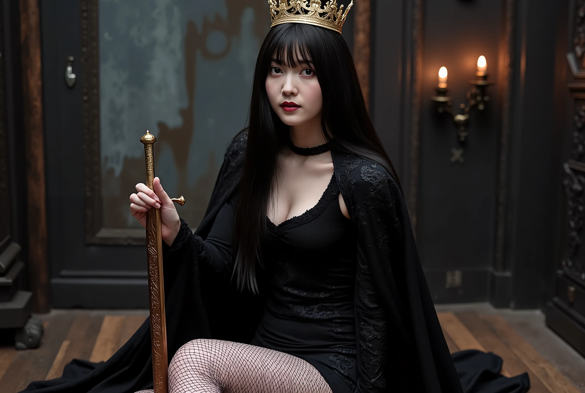 (((The Dark Throne in the Dark Castle:2.0))),((A dark room with no lights at all:2.0)),(((Dark horror atmosphere with a gothic feel:2.0))),(((A long embroidered cloak with an open front on a:2.0))),Sitting posture,((black high heels:2.0)),One female ghost,((super cute face:2.0)),(Beautiful well-balanced face :2.0),((long hair with bangs:2.0)),(black hair:1.5),(beautiful eyes:1.5),glamorous shot of a 20-year-old Japanese woman, Slender Beautiful Body ,((model body type:2.0)),((slim body:1.7)),perfect body line,Ideal Proportions,((big on the floor:2.0)),((スリーサイズ90-58-86:2.0)),((G cup breasts:2.0)), popup,((((Underboob:2.0)))),Bare thighs,Sensual Thighs,delicate body,(Glutinous Flesh:1.7),harmonious posture,((Realistic breast depiction :1.7)),Carefully Depicting Limbs Based on Perfect Anatomy,((super high-leg leotard in the style of the king of darkness with a copper sword:2.0)),((super high-leg leotard with a beautiful, shiny copper sword:2.0)),((Hi-leg leotard with a large shiny copper sword:2.0)),(Black lipstick:2.0),((Wear a black lace short veil over your head:2.0)),((((Coarse mesh fishnet stockings:2.0)))),(((Copper crown:2.0))),Concept Art,(top quality:2.0),(masterpiece:2.0),((超high resolution:2.0)),high resolution,UHD,(Delicate Description), carefully drawn with butterfly wings ,32k,((realistic skin texture:1.5)),(((ultra-realistic:1.5))),carefully draw eyelashes,very detailed face,Highly detailed female hand, Sexy appearance ,very sensual,(Blurry Dim Backgrounds :1.5),professional photo shoot,(movie light:2.0),((Rembrandt-style lights:2.0)