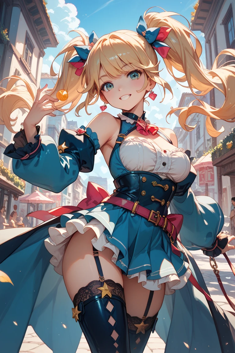 1girl, solo focus, breasts, witch hat, blue dress, jewelry, white gloves, green eyes, bangs, multicolored hair, blonde hair, pink hair, braid, demia duodectetbuildings, street