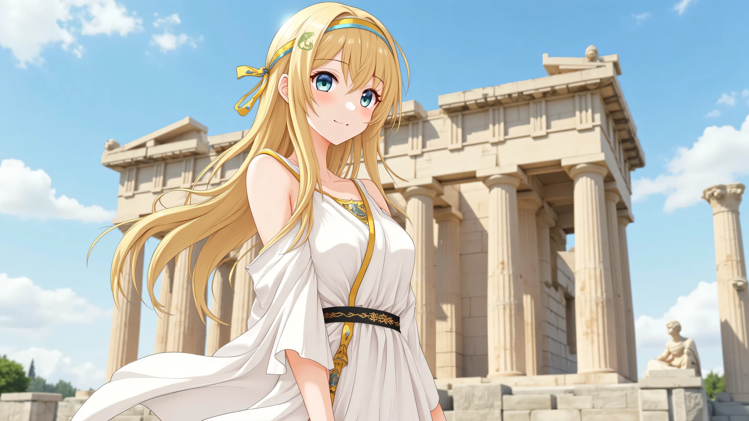A 15-year-old anime-style girl with bright golden blonde hair and large, expressive eyes stands gracefully. Her youthful face displays an innocent and charming expression, complemented by soft features characteristic of anime art. Her golden hair shines softly, enhancing her lively, youthful appearance in this cheerful and vibrant scene. In front of an ancient Greek temple, a woman dressed in traditional Greek priestess attire. Her flowing white and gold robes drape elegantly, adorned with intricate patterns that reflect her sacred role. She stands gracefully, her serene expression radiating wisdom and divinity. The majestic columns of the temple and the clear blue sky provide a stunning backdrop, enhancing the atmosphere of historical reverence and beauty.