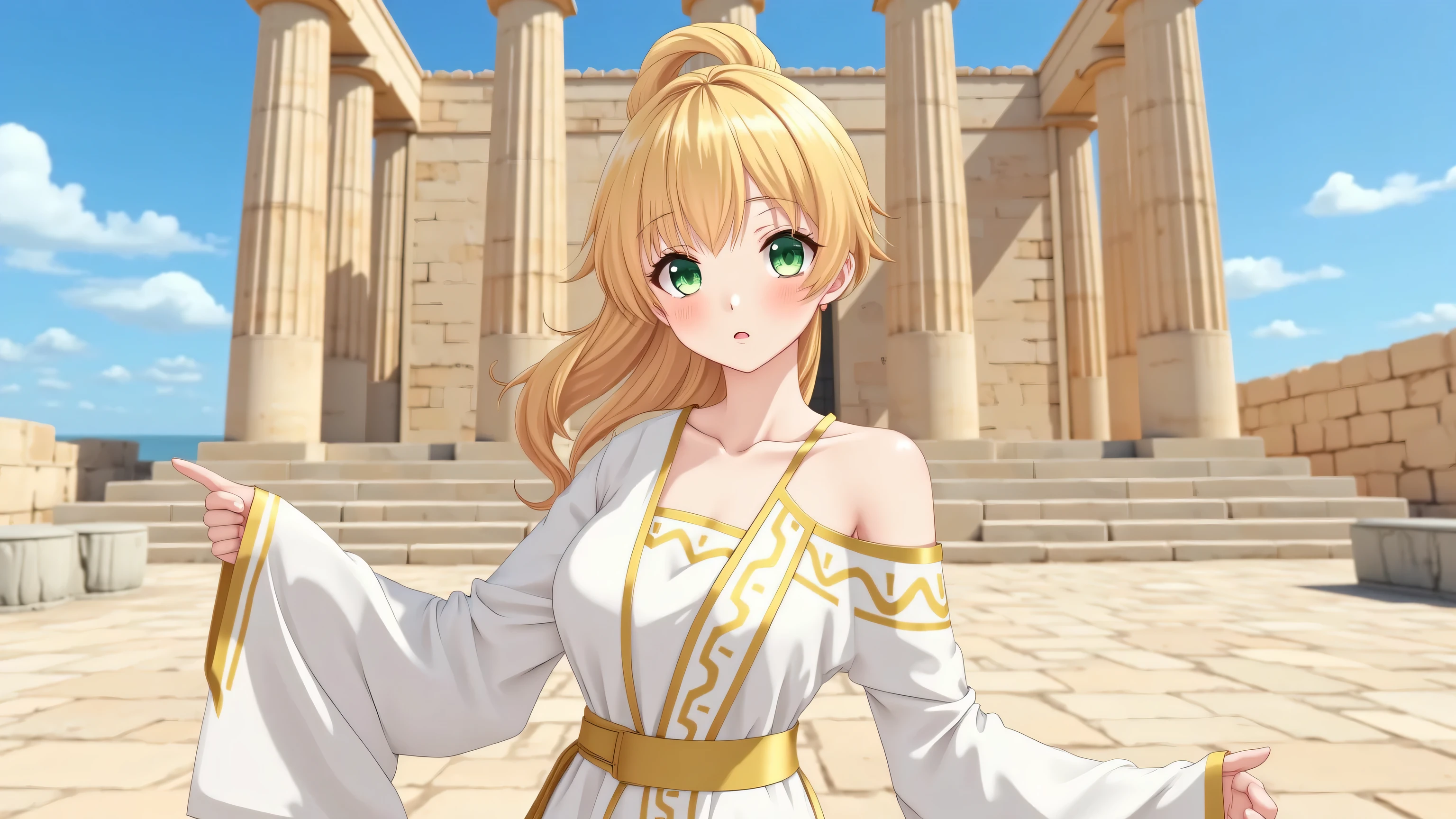 A 15-year-old anime-style girl with bright golden blonde hair and large, expressive eyes stands gracefully. Her youthful face displays an innocent and charming expression, complemented by soft features characteristic of anime art. Her golden hair shines softly, enhancing her lively, youthful appearance in this cheerful and vibrant scene. In front of an ancient Greek temple, a woman dressed in traditional Greek priestess attire. Her flowing white and gold robes drape elegantly, adorned with intricate patterns that reflect her sacred role. She stands gracefully, her serene expression radiating wisdom and divinity. The majestic columns of the temple and the clear blue sky provide a stunning backdrop, enhancing the atmosphere of historical reverence and beauty.