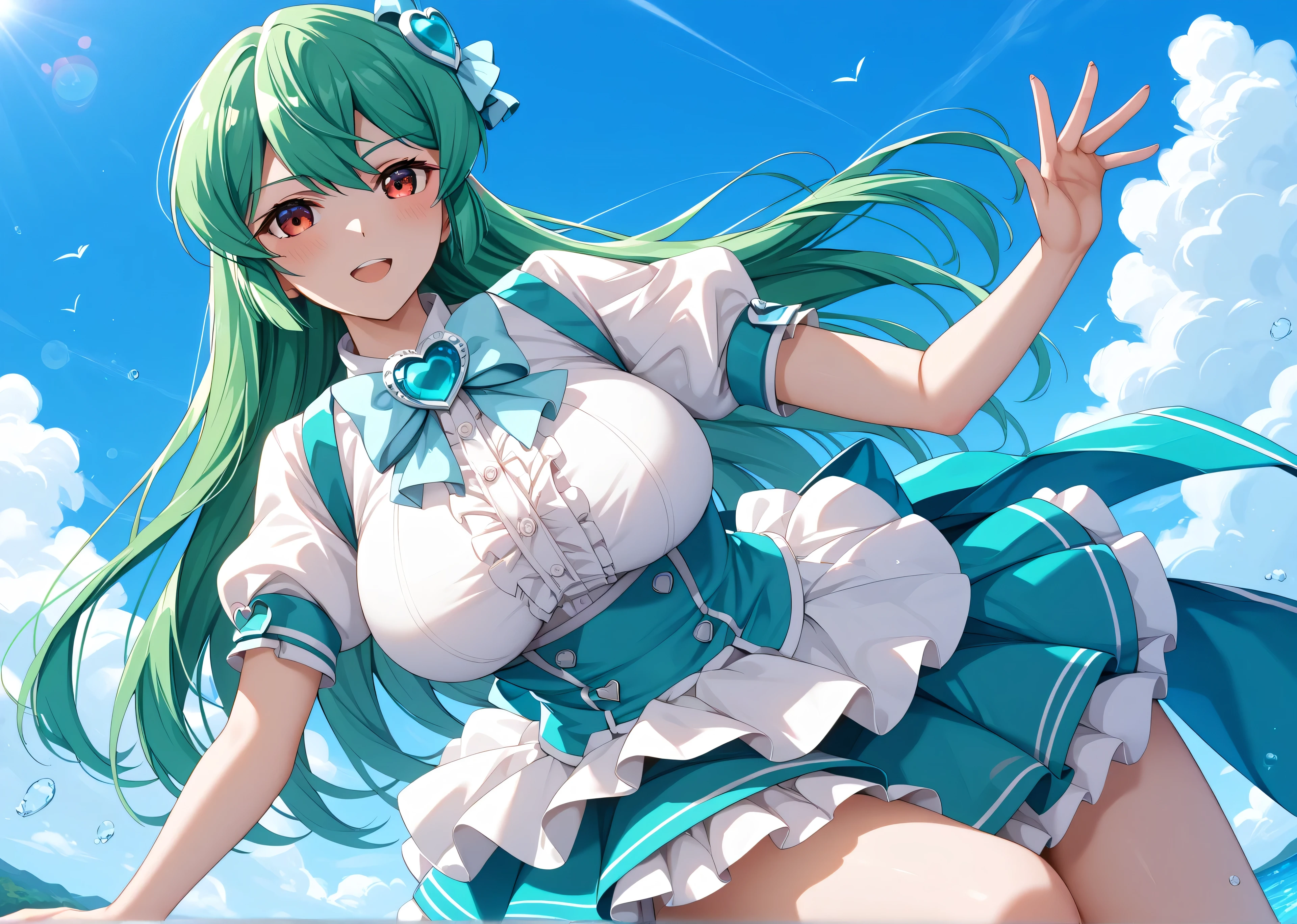 master piece、Best Quality,Super detailed,High resolution,Extremely detailed CG,Unity 8K Wallpaper,weat,score_9, score_8_up, score_7_up, score_6_up, score_5_up, score_4_up, source_anime, MinakamiSayo, 1girl, solo, breasts, Green Hair、Red eyes,shirt, large breasts, dress, jewelry, white shirt, short sleeves, heart, puffy sleeves, bowtie, puffy short sleeves, heart brooch,mini skirt,anime coloring,