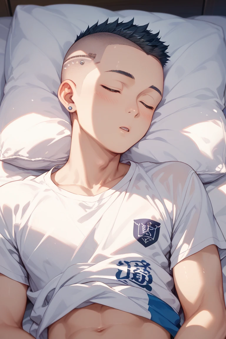 1boy, adult, handsome, perfect face, detailed eyes and face, clean shaved, muscular, capturing a rural atmosphere, dynamic lighting, unreal engine 5, hd picture, satoru gojo, white hair, short hair ,hair between eyes ,blue eyes, white skin, bed mattress details, basketball jersey