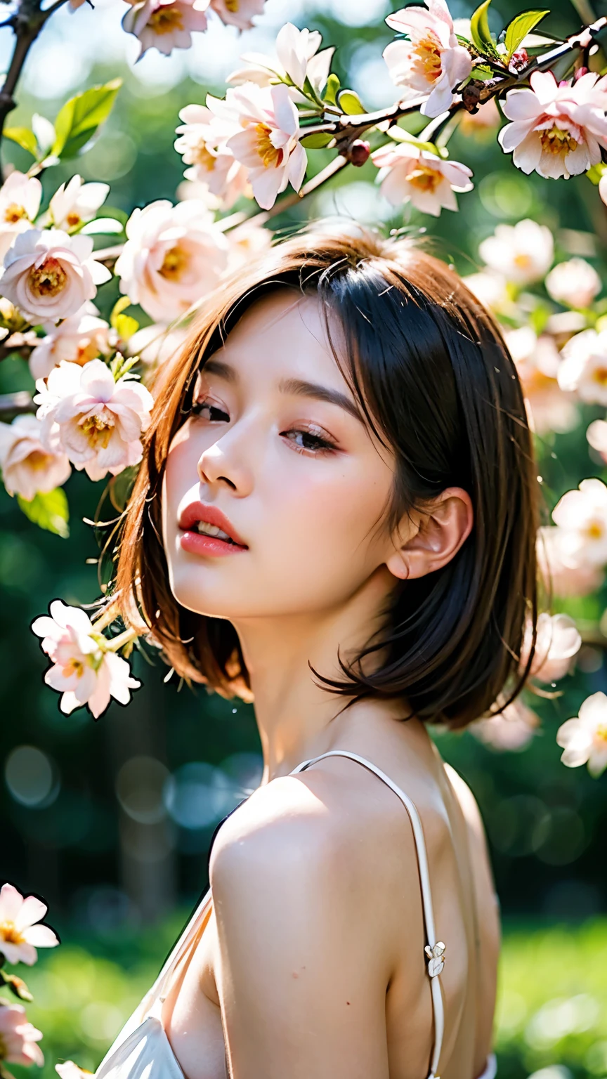 realistic、Cherry Tree、staring at flowers、花の匂いをかぐ女性のprofiles、((let's smell flowers 2.0))、Kissing flowers、((sharp sharp spines that bloom 2 {x}))、((short bob 1.5))、Shortcut、  has bangs、profiles、 close both eyes、((blow your eyes 2.0))、[installment]、
