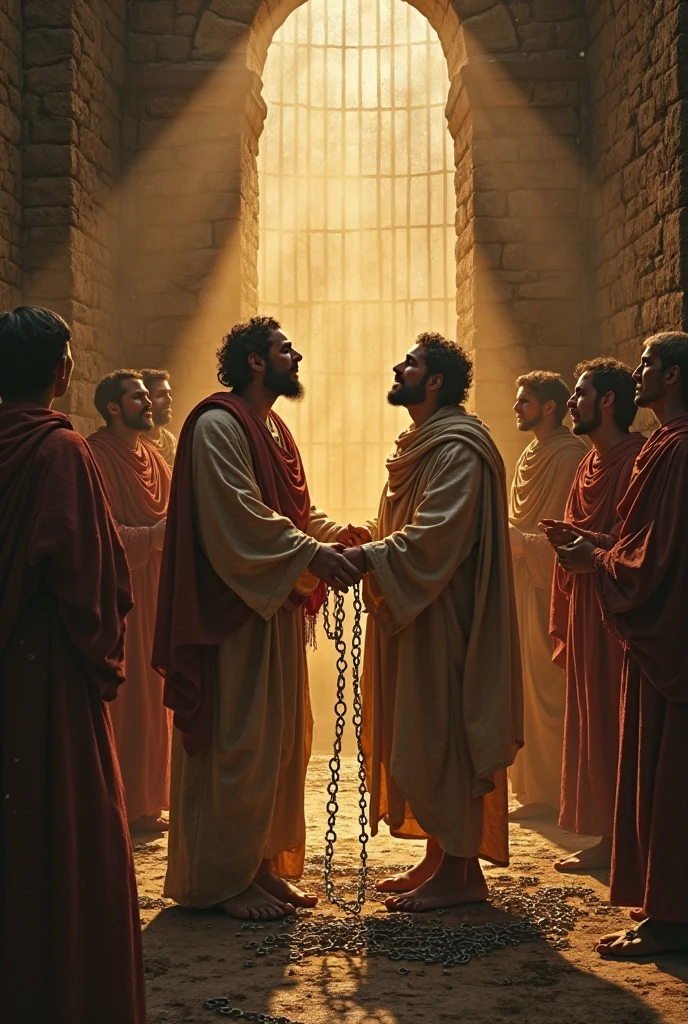 Create two biblical characters Paul and Silas in the version chained at the arm, 3d version